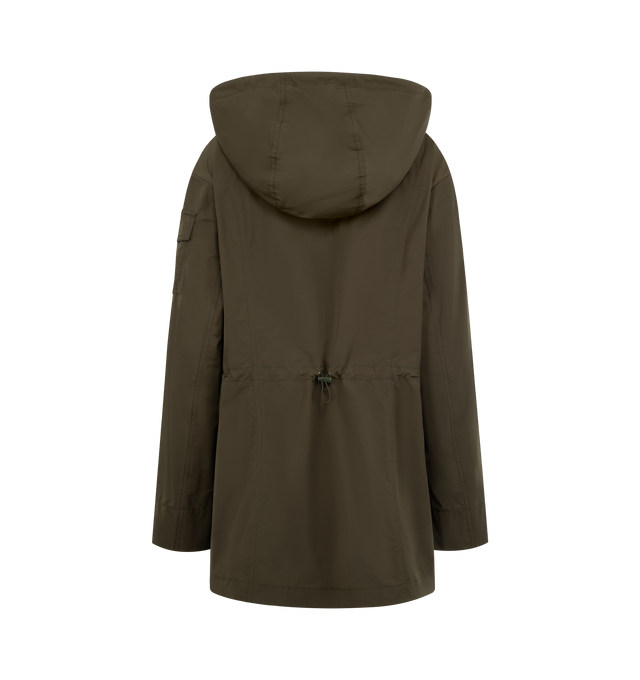 Image 2 of 3 - GREEN - MONCLER Leandro Hooded Parka featuring poplin technique, adjustable hood, zipper closure, patch pockets with snap button closure, sleeve pocket and waistband with drawstring fastening. 60% polyester, 40% cotton. Made in Italy.