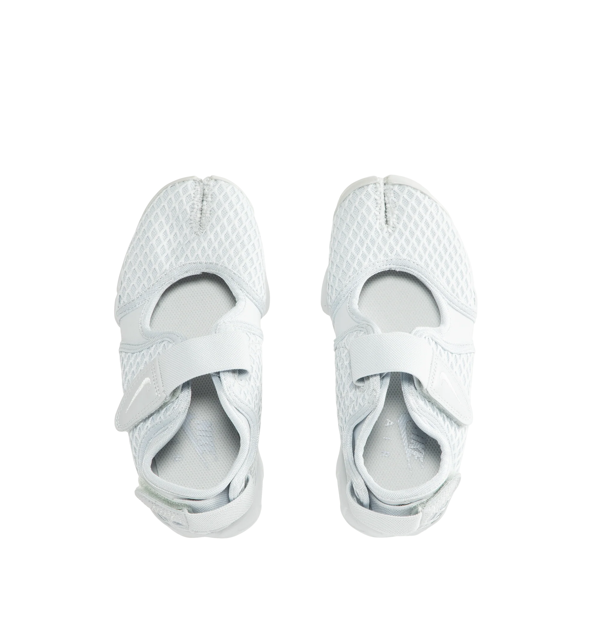 Image 5 of 5 - WHITE - Nike Women's Air Rift Sneaker featuring hook-and-loop straps on the midfoot and heel, Nike Air unit in the heel combined with plush foam, rubber detailing on the outsole, upper features a blend of elastane, polyester and nylon materials for a flexible fit and split toe design. 