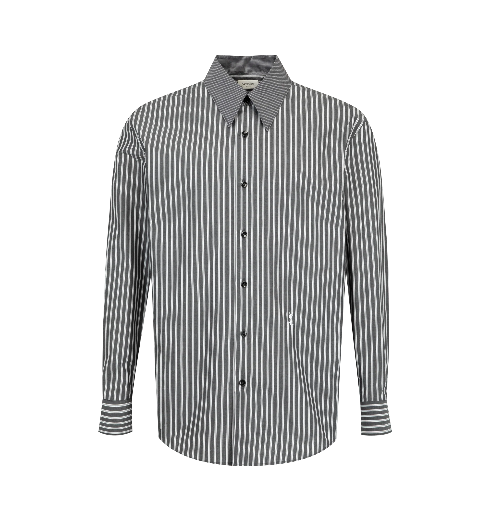 Image 1 of 2 - MULTI - Saint Laurent Men's Winchester Cotton Shirt features a contrast-stripe pointed collar, matching striped button cuffs, signature YSL embroidery at the hip, and a front button closure. This designer cotton button-down shirt combines timeless tailoring with iconic Saint Laurent detailing for elevated everyday wear. Main Material: Cotton. Made in Italy.