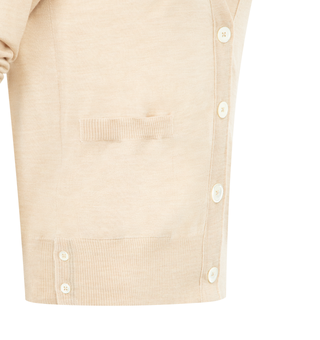 Image 3 of 3 - BROWN - THOM BROWNE 4-Bar Merino Wool Cardigan featuring V-neck, front button closure with striped grosgrain placket, 4-bar stripe detailing, buttoned side vents and cuffs with signature striped grosgrain trim and signature striped grosgrain loop tab at back of neck. 100% merino wool. Made in Italy. 
