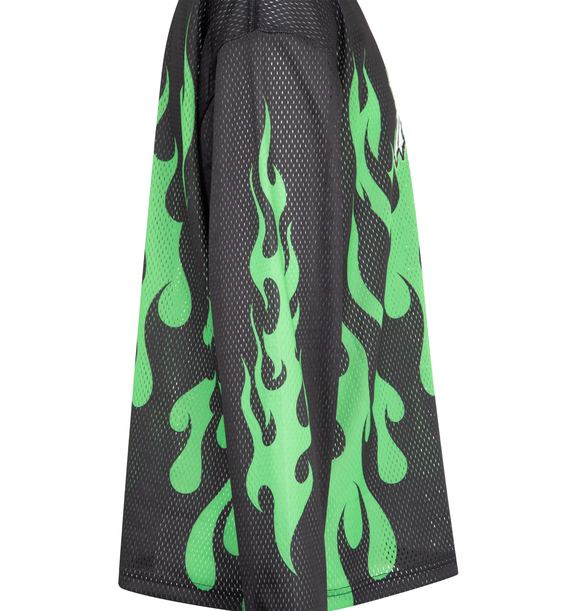 Image 3 of 3 - BLACK - MARKET Toxic Flames Mesh Top featuring soft, breathable mesh, flame graphic up the front and sleeves, relaxed fit, crewneck and long sleeves. 100% polyester. 
