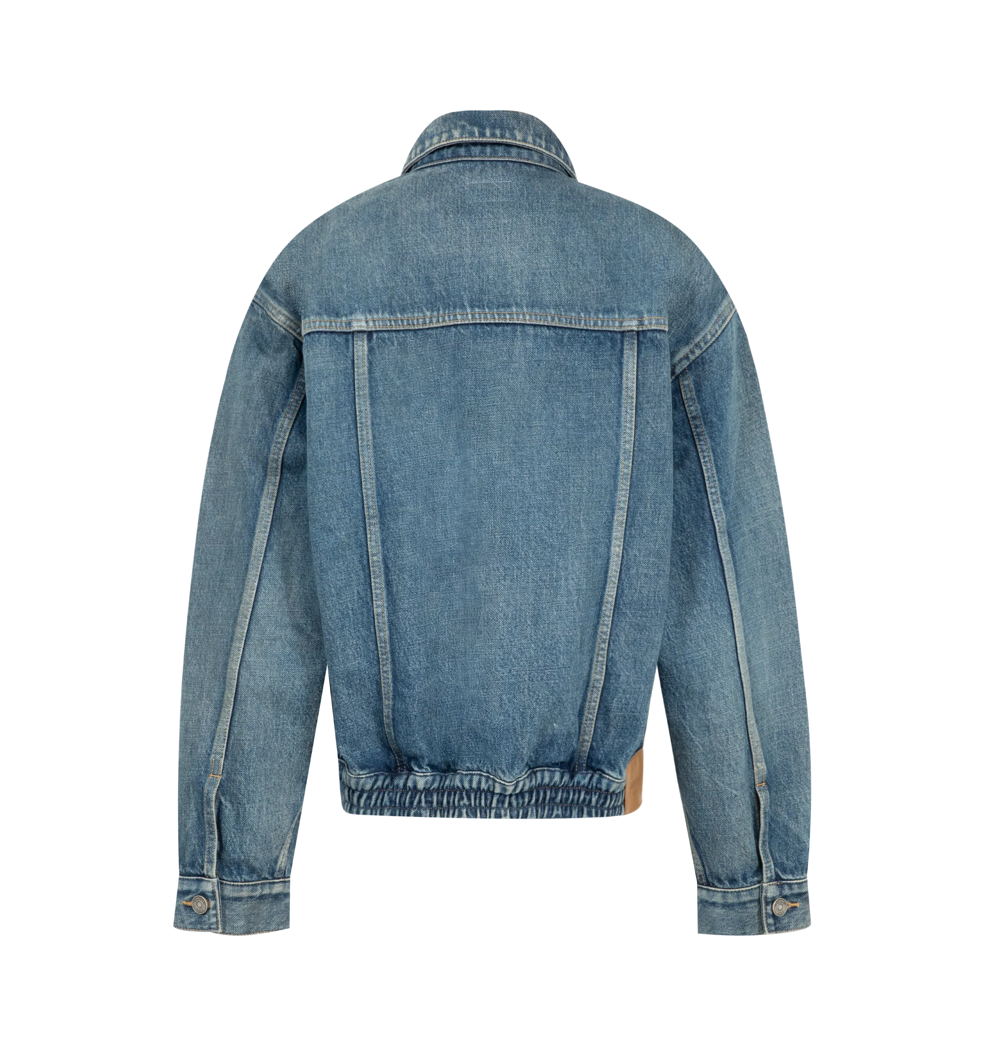 Image 2 of 3 - BLUE - Saint Laurent Womens Jean Jacket is crafted from certified cotton denim. Features a loose fit, button-front closure, pointed collar, buttoned flap chest pockets, front welt pockets, one-button cuffs, cotton lining, and embossed Saint Laurent Paris leather jacron. Main Material: 100% Cotton; Lining: Cotton. Made in Japan.
