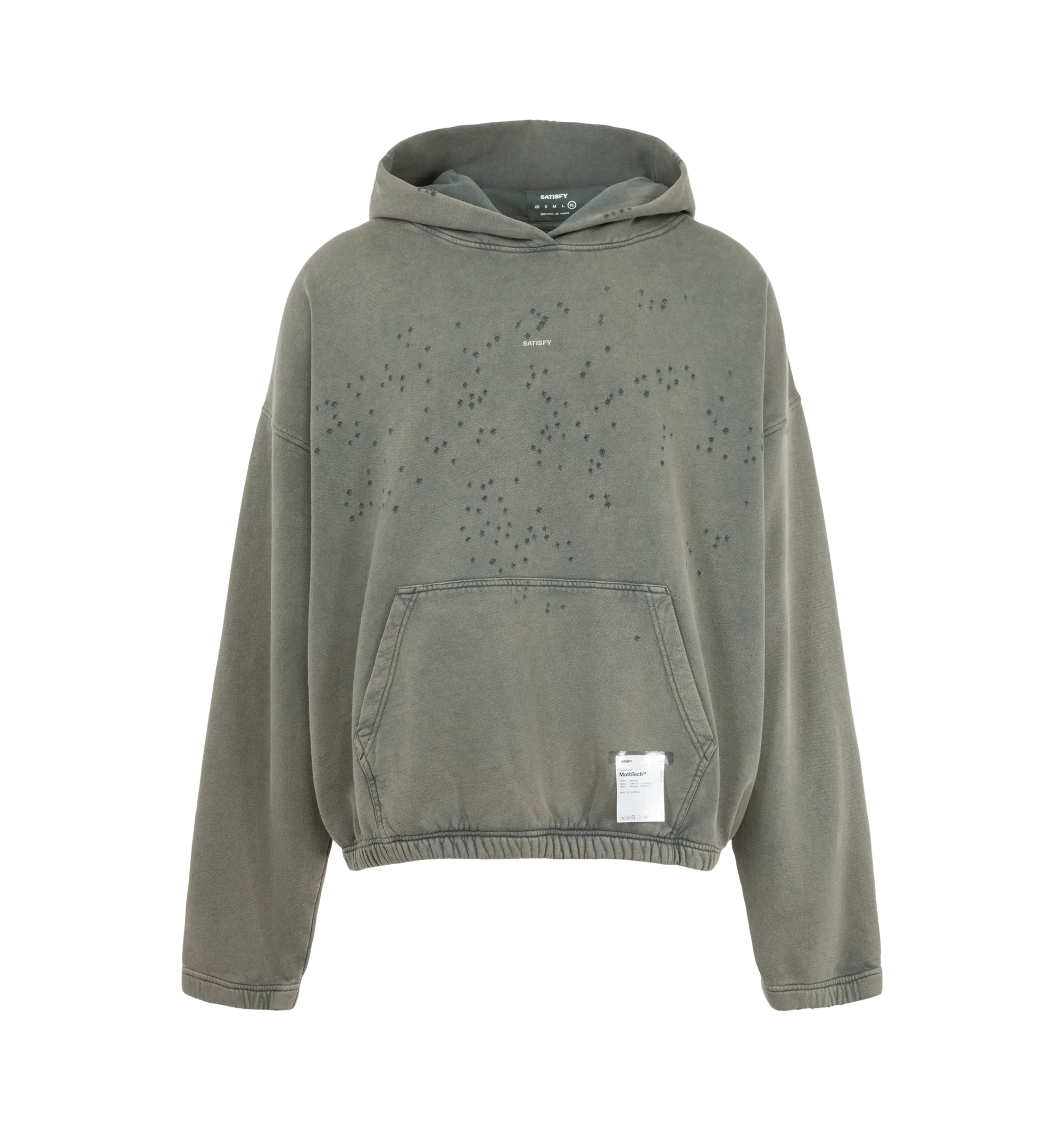 Image 1 of 2 - GREY - Satisfy Men's MothTech Hoodie is crafted from organic cotton and features signature MothTech laser-cut perforations for targeted airflow. Designed for comfort and freedom of movement, it is finished with elasticized cuffs and hem, a pouch pocket with a mini S-Carabiner for keys, and a detachable external care label. Main Material: 100% Organic cotton.