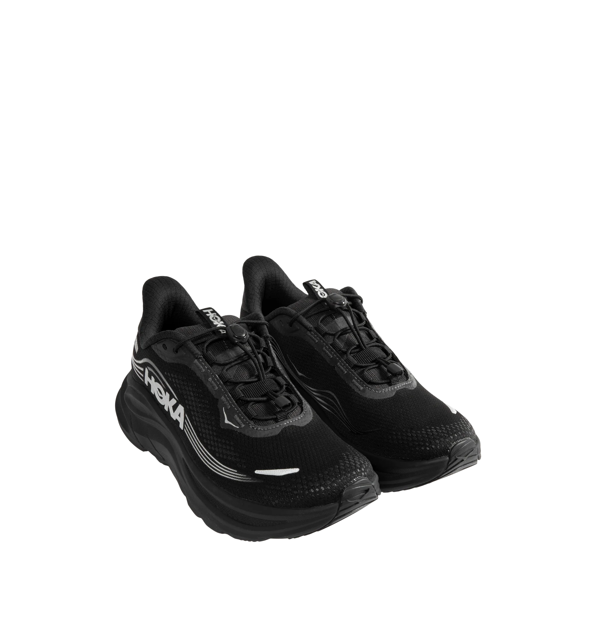 Image 2 of 5 - BLACK - Hoka Men's Clifton 11 GTX Running Sneakers feature a closed-mesh upper with a GORE-TEX Invisible Fit membrane and PFC-free water-repellent treatment. An adjustable speed-lace system with toggle, reflective details, a compression-molded EVA midsole, and a Durabrasion rubber outsole with forefoot traction pods complete the weather-ready design. Upper: Mesh with GORE-TEX Membrane. Midsole: EVA Foam. Sole: Rubber. Heel-to-Toe Drop: 8 mm. 