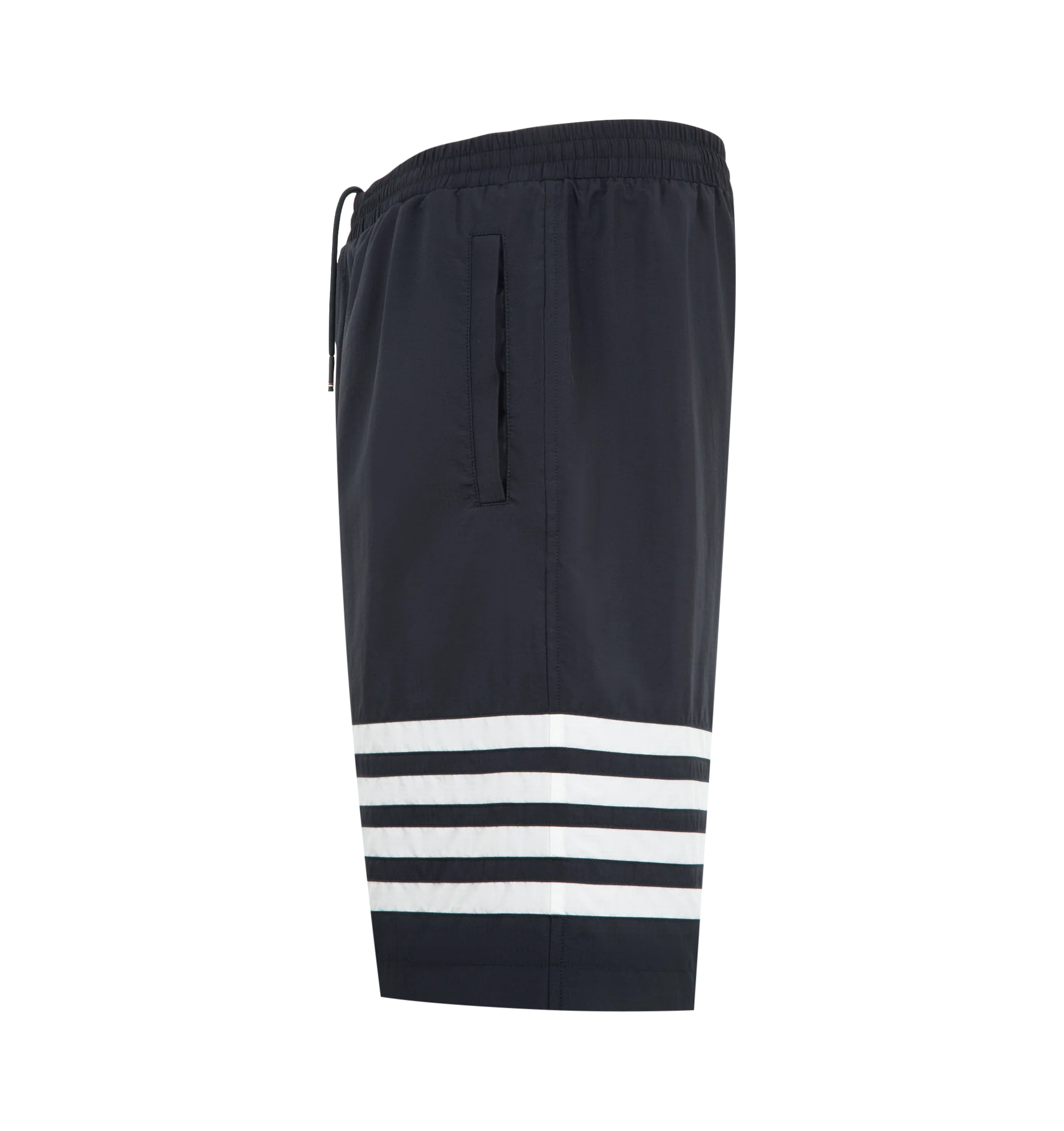 Image 3 of 3 - BLUE - Thom Browne Mens Track Shorts are crafted from shiny ripstop fabric. Feature a relaxed fit, elasticized drawstring waistband with signature RWB aglets, zip fly, welt hand pockets, welt back pocket, mesh lining, engineered 4-bar detailing, and signature striped grosgrain loop tab. Main Material: 81% Polyamide, 19% Polyester; Lining: 100% Polyester. Made in Italy. 