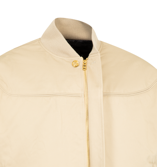 Image 4 of 4 - CHAMPAGNE - WILLY CHAVARRIA Gas Station Oversized Cotton Blend Bomber Jacket featuring concealed zip fastening at front, flat collar, long sleeves, two welt pockets at front, all-over binding detailing, branded hardware, ribbed trims and all-over internal padding. 65% polyester, 35% cotton. Lining 100% viscose. Made in Italy.