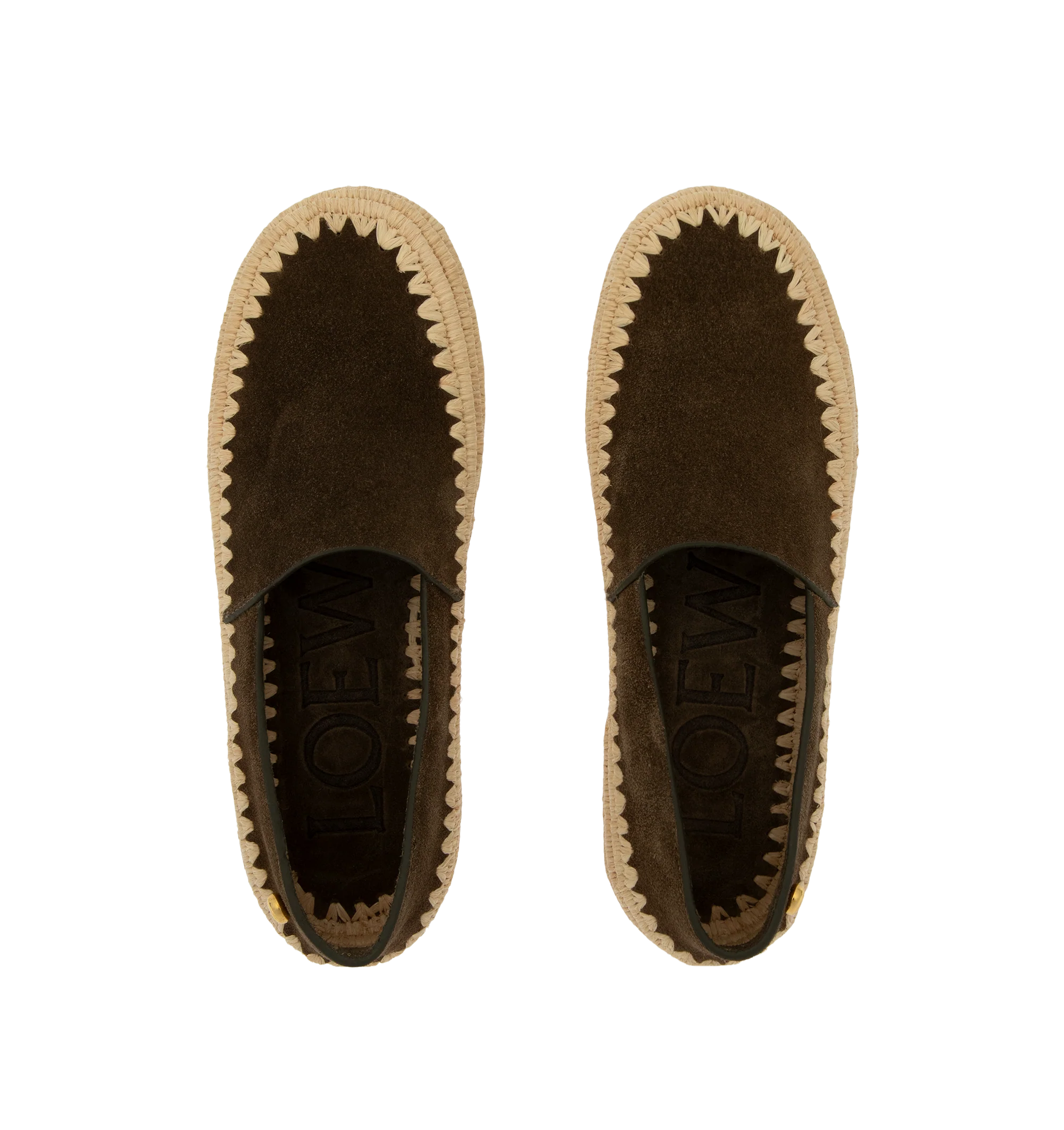 Image 4 of 4 - GREEN - Loewe Mens Slippers are crafted from suede and raffia. Feature handcrafted raffia embroidery, rounded toe, engraved Anagram pebble detail, padded leather insole, embossed Anagram rubber outsole, and a 0.5 cm heel height. Main Material: Suede, Raffia. Made in Spain.