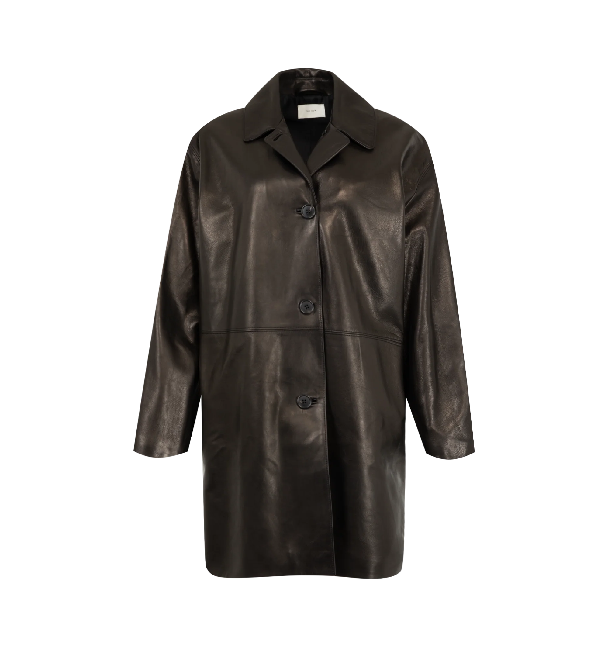 Image 1 of 3 - BLACK - The Row Women's Donata Coat is crafted from tumbled baby calfskin leather and features a mid-length car coat silhouette with a flat collar, dropped shoulders, side seam pockets, and a horn button-front closure. Fully lined in silk, this designer leather coat combines exceptional Italian craftsmanship with an exceptionally soft hand and rich natural texture, creating a timeless outerwear staple with effortless sophistication. Main Material: 100% Calfskin Leather. Lining: 100% Silk. Mad