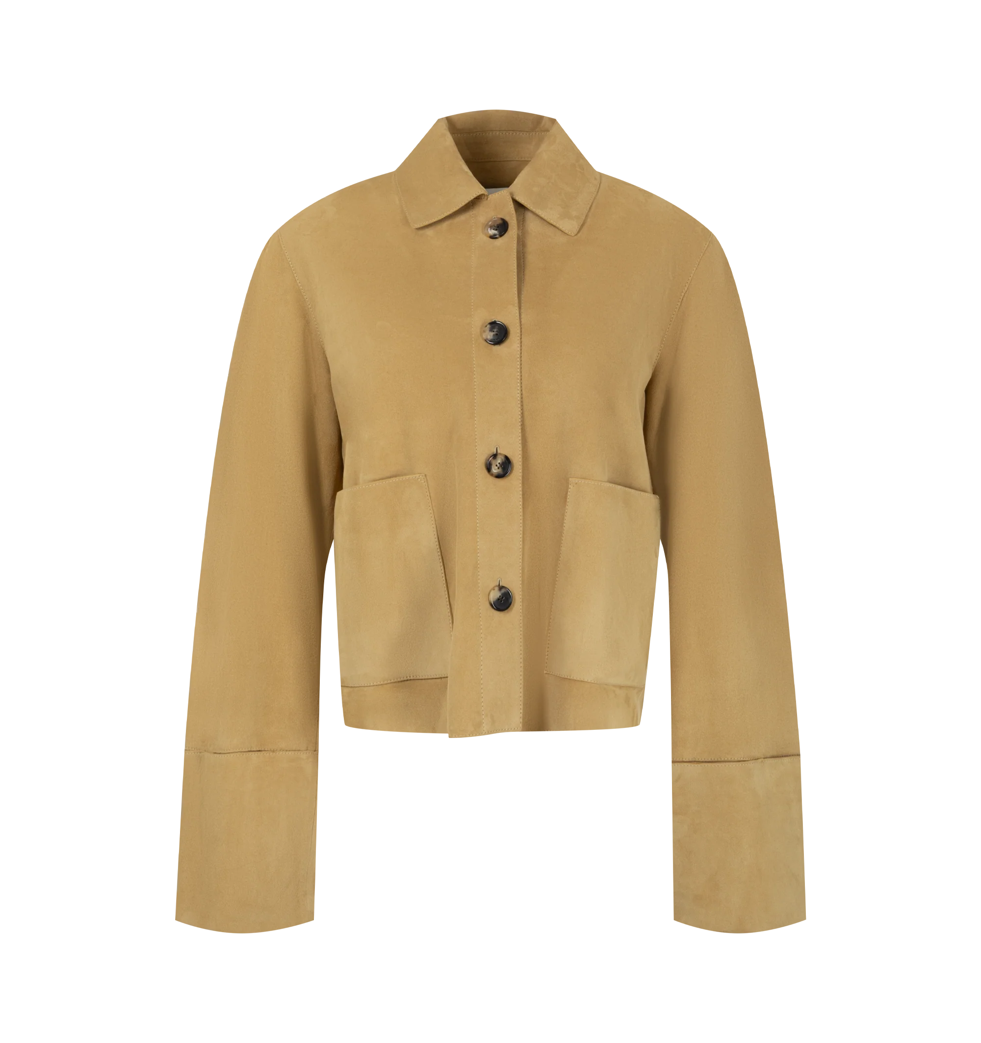 Image 1 of 3 - NEUTRAL - Loewe Women's suede lambskin and features a classic collar, front button closure, patch pockets, and turn-up cuff sleeves in a regular-fit silhouette. This designer suede jacket combines supple lambskin construction with timeless tailoring for elevated everyday layering. Main Material: Suede Lambskin. Made in Spain.