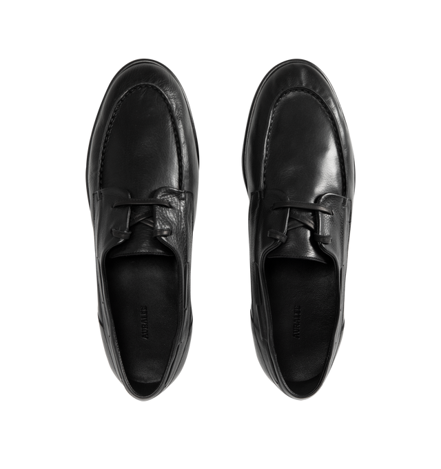 Image 4 of 4 - BLACK - AURALEE Soft Leather Deck Shoes featuring open lacing, round toe and woven boat shoe details. Calf leather. Made in Japan.