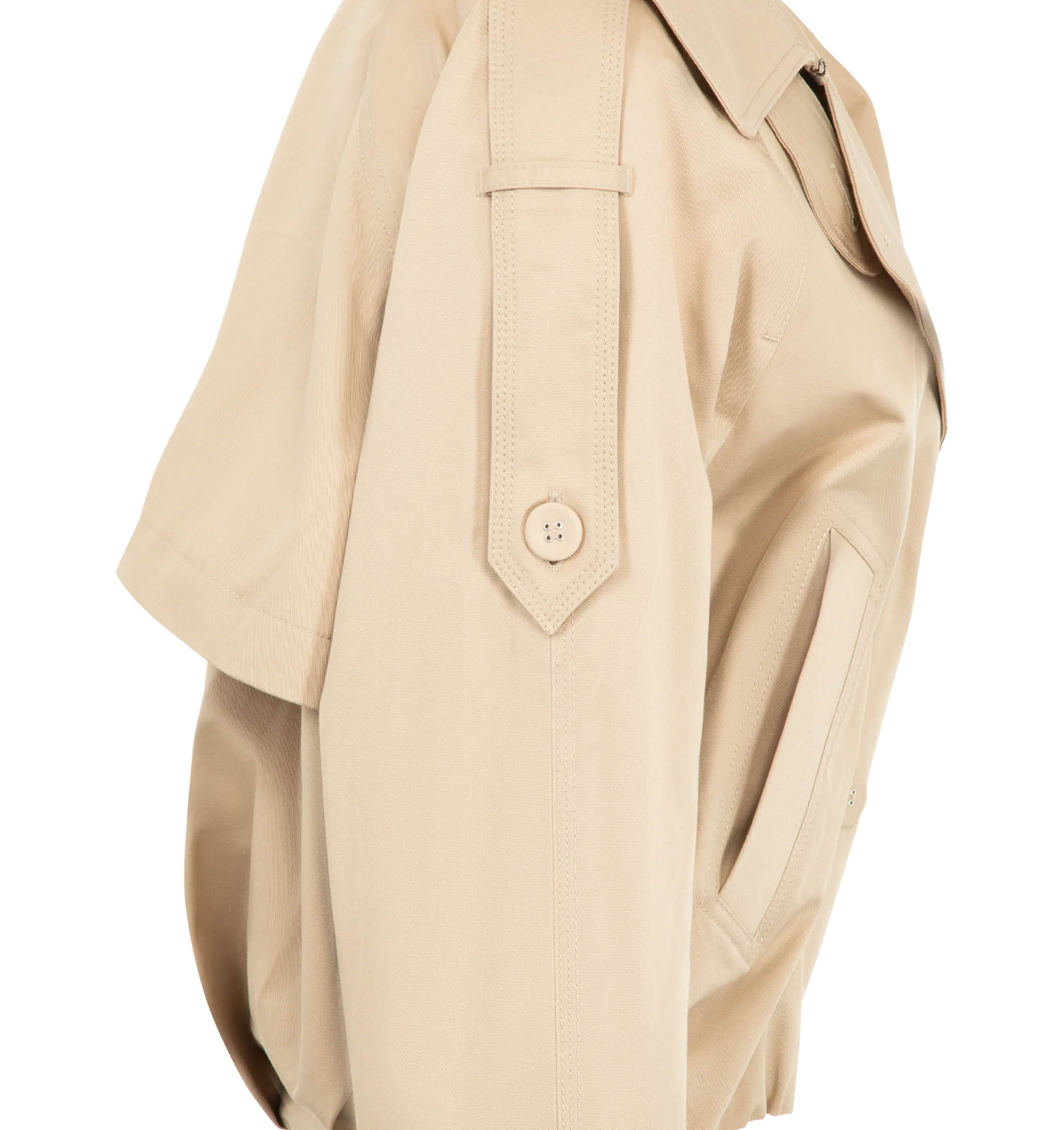 Image 3 of 3 - NEUTRAL - Acne Studios Womens Short Trench Coat is crafted from cotton twill. Features a relaxed fit, below-waist length, wide lapels, epaulettes, side pockets, sleeve tabs, balloon hem, and Acne Studios logo at the back neckline. Main Material: 99% Cotton, 1% Elastane; Lining: 100% Cotton. Made with organically grown cotton. Made in Portugal.