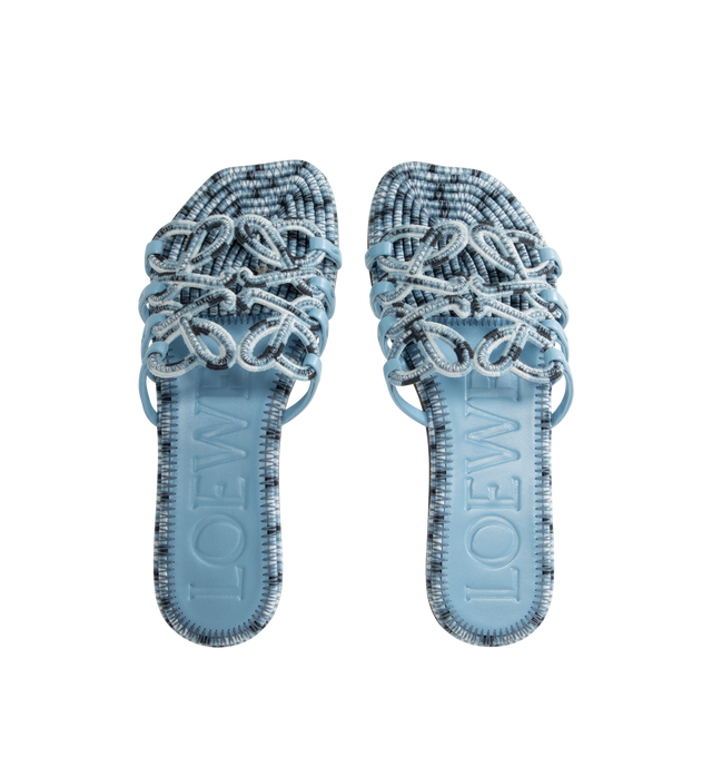 Image 4 of 4 - BLUE - LOEWE PAULA'S IBIZA Petal Anagram slide in all-over embroidered cotton canvas blending mixed shades of color threads, featuring a cut-out Anagram upper with hand-stitched seams, petal toe shape, 5mm heel, embossed LOEWE on the insole, padded insole with partial leather covering and rubber-injected island on the outsole. Embroidered canvas. Made in Italy.