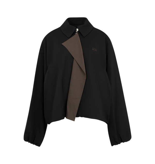Image 1 of 3 - BLACK - Loewe Womens Wool-Blend Jacket is crafted from a wool blend. Features a balloon silhouette, point collar with throat latch, two-way zip-front closure, long sleeves, drop shoulders, contrast placket panel, hip welt pockets, and embroidered logo at the chest. Main Material: Viscose, Wool, Nylon, and Polyamide. Made in Italy.
