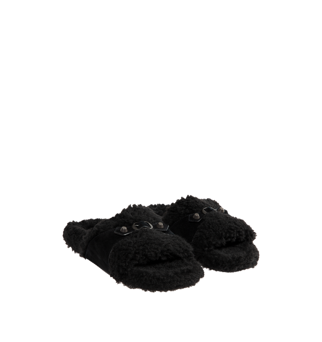 Image 2 of 4 - BLACK - BALENCIAGA Furry Open Mule Slide featuring polyester, wool and calfskin, open mule, studs and buckle on the upper, tone-on-tone sole and black outsole. Upper: calfskin, polyester, wool. Sole: TPU. Insole: polyester, wool. Made in Italy. 