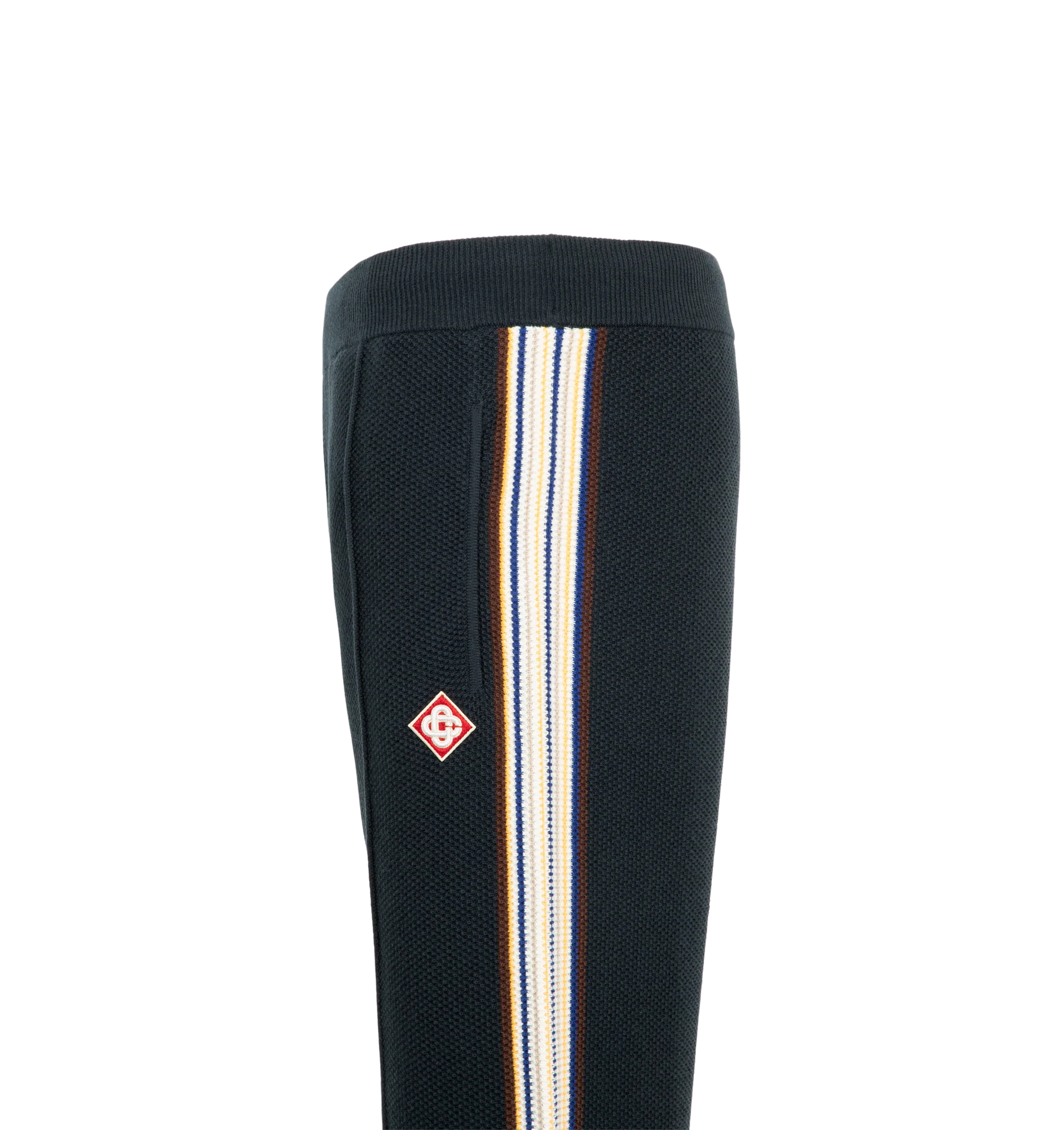 Image 3 of 3 - BLUE - Casablanca Men's Caf Stripe Track Trousers are crafted from a cotton-wool blend and feature a relaxed straight-leg silhouette. Designed with an elasticized waistband and drawstring fastening, these track trousers are detailed with side pockets, a back patch pocket, pin-tuck seams at the front. Main Material: 50% Cotton, 48% Wool, 1% Polyamide, 1% Elastane. Embroidery: 100% Viscose.  