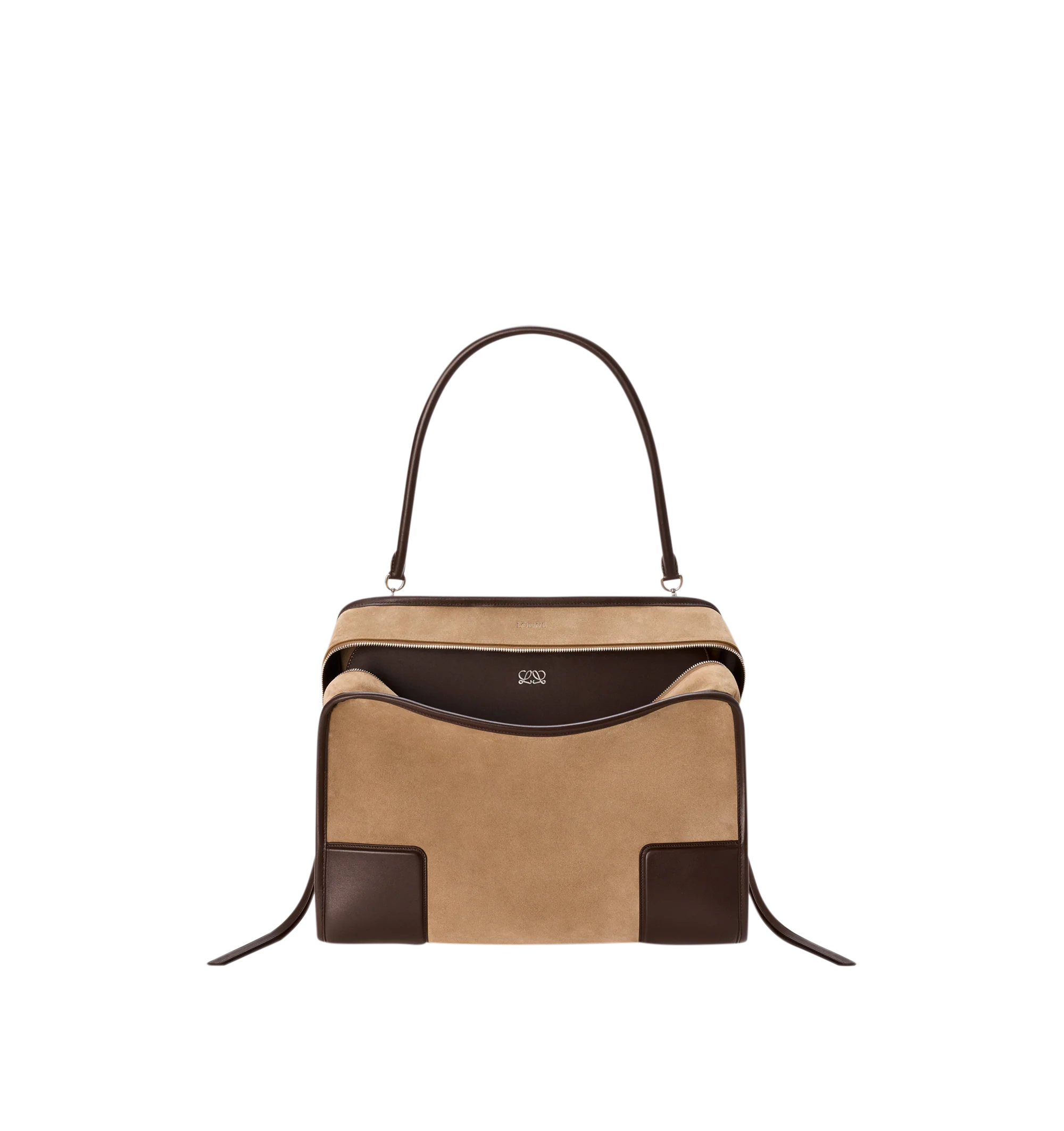 Image 8 of 16 - BROWN - Loewe Mens Amazona 180 XL Bag is crafted from suede with soft calfskin details. Features a relaxed silhouette, single toron top handle, removable shoulder handle, adjustable crossbody strap, zip closure with two leather pullers, two compartments with concealed magnetic closure, interior flat pocket, side D-ring, suede and nappa lambskin lining, palladium-tone hardware, and embossed LOEWE and Double L branding. Dimensions: 40 31 16 cm; Strap Length: 105133 cm; Strap Drop: 4761 cm; H