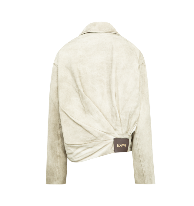 Image 2 of 3 - GREY - LOEWE Draped Jacket in medium-weight treated cotton denim featuring asymmetric hand-gathered draping at the back, regular fit, short length, classic collar, zip front fastening with Puzzle puller, seam pockets, inside welt pocket, fully lined and LOEWE embossed leather patch placed at the back. Cotton. Made in Italy.