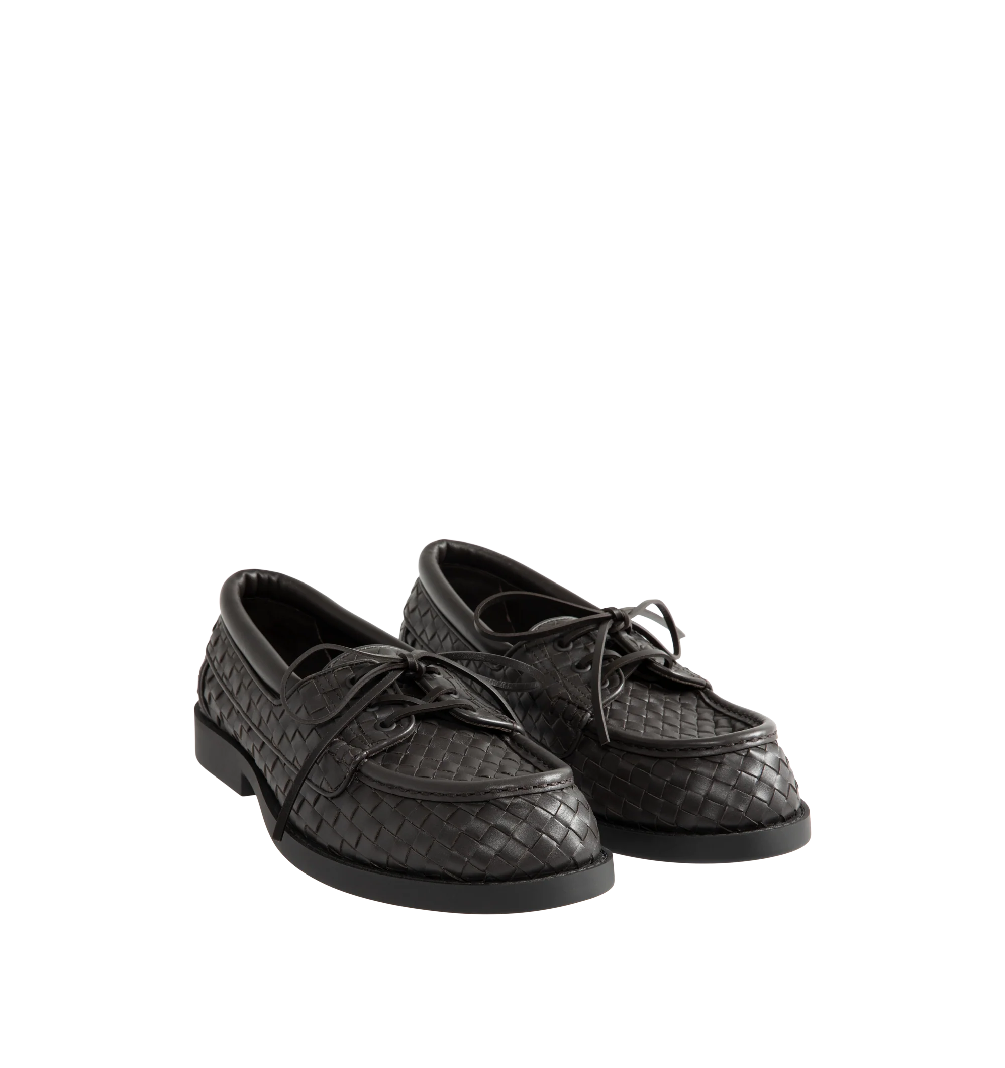 Image 2 of 4 - BROWN - Bottega Veneta Mens Intrecciato Boat Shoes are crafted from Intrecciato calfskin leather. Feature a lace-up boat shoe silhouette, calfskin lining, rubber outsole, and flat heel. Main Material: Calfskin Leather; Lining: Calfskin Leather; Sole: Rubber. Made in Italy. 