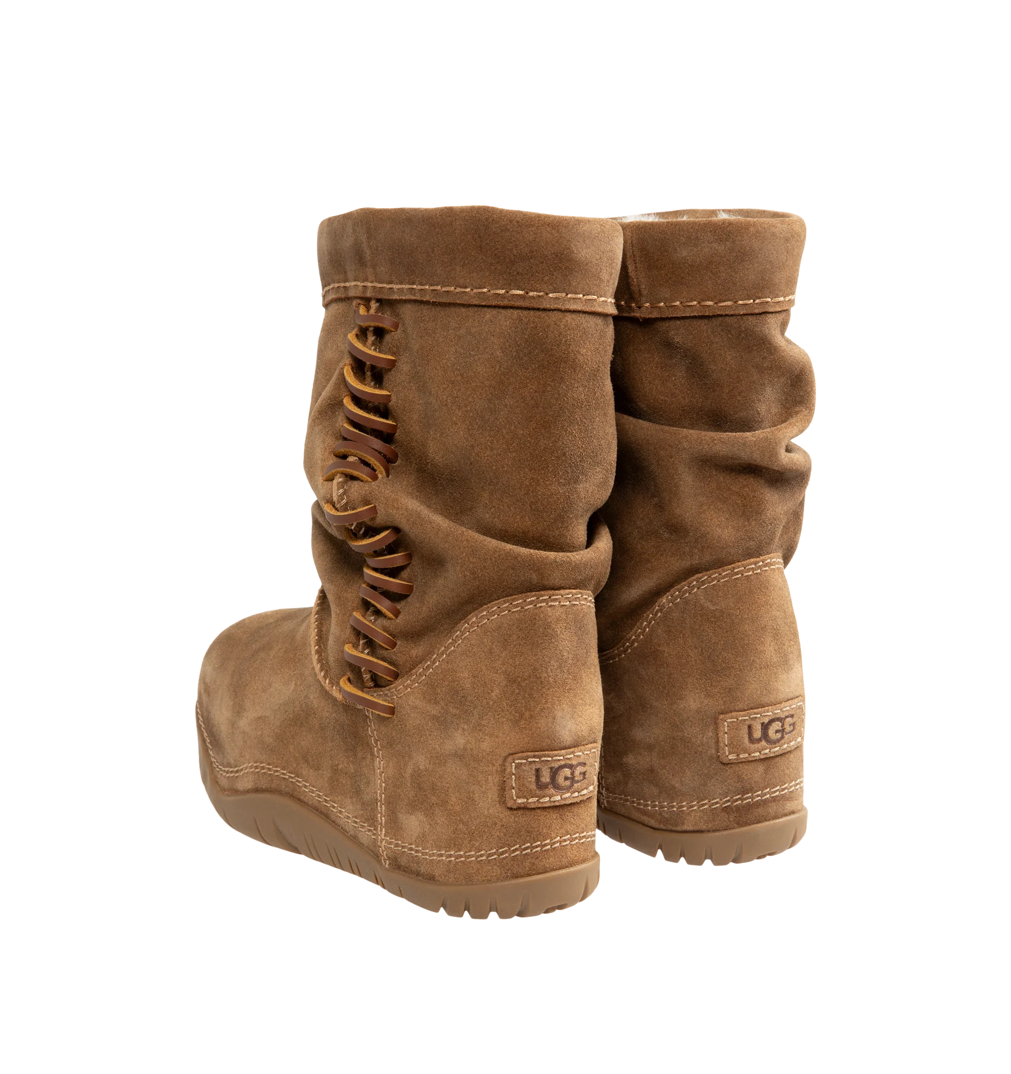 Image 3 of 4 - BROWN - UGG women's Bucked boot with a soft suede upper with an elevated, worn-in feel and a leather whipstitch detail, signature sheepskin lining and cushy rubber platform. Features sugarcane EVA midsole, molded rubber outsole and UGG Logo, heat-embossed. 
