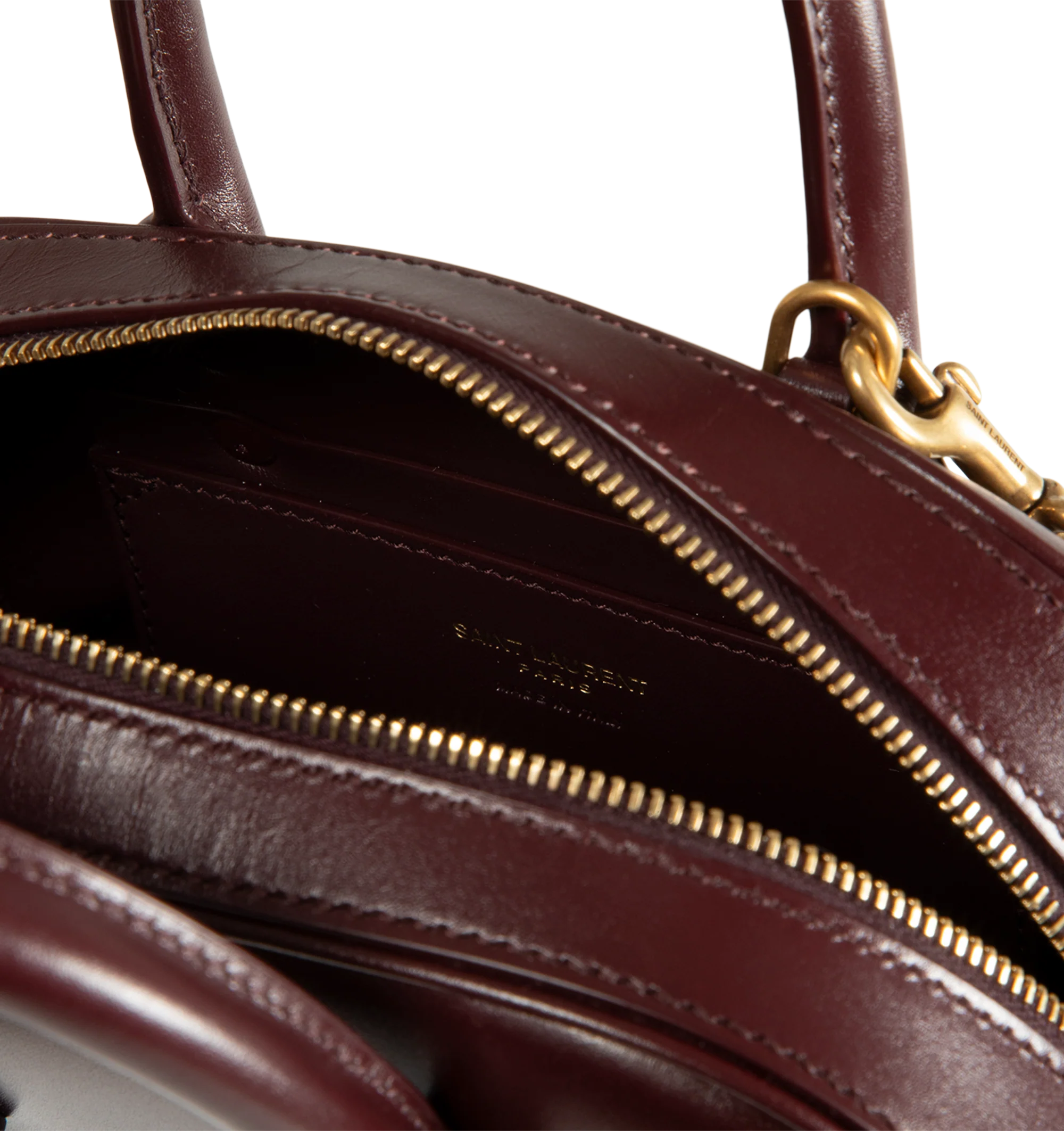 Image 3 of 3 - RED - Saint Laurent Womens Sac de Jour Mini Boston Bag is crafted from calfskin leather. Features top handles, adjustable and detachable shoulder strap, zip closure, leather lining, bronze-tone hardware, and two interior card slots. Dimensions: 19 13 7 cm; Handle Drop: 5 cm; Strap Drop: 45 cm. Main Material: Calfskin Leather; Hardware: Brass; Lining: Leather. Made in Italy.
