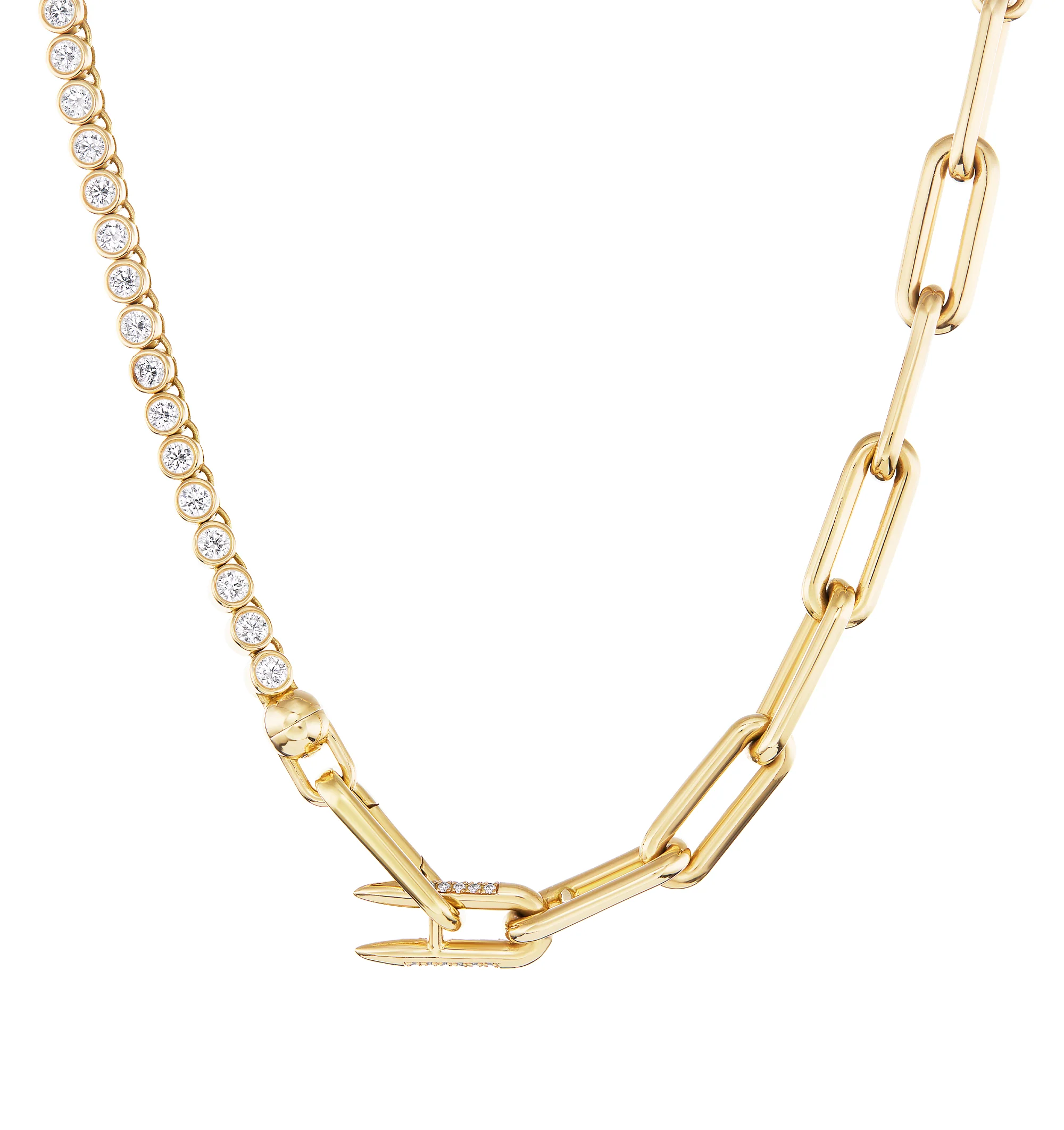 Image 2 of 4 - GOLD - Uniform Object Solid 14" 18K gold bezel set brilliant tennis necklace + 4" of heavy metal chain extender. Comes with a removable spring clasp + signature diamond encrusted spur. Crafted from 37G of 18K solid yellow gold with 8.7 TCW of 3MM round diamonds. Handmade in New York City. Cheap Luxury Handbag Shop offers a range of pieces from this collection in-store. For personal consultation and detailed information about jewelry, please contact our dedicated stylist team at personalshopping@hirshle