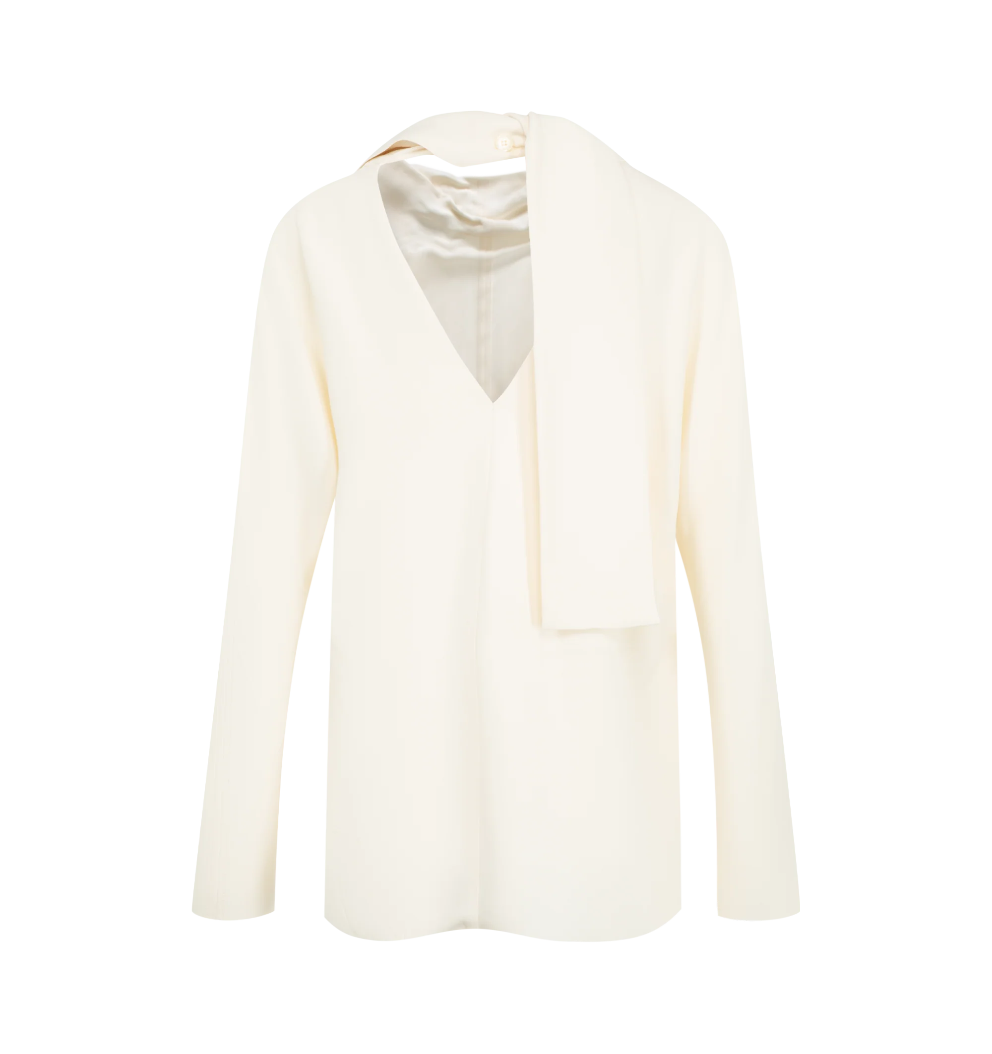 Image 2 of 2 - CREAM - Toteme Women's Cowl Neck Blouse is cut from fluid cady with a statement cowl neckline that falls softly across the chest. Slender scarf ends tie at the nape for an undone finish. Materials: 96% viscose, 4% polyester.