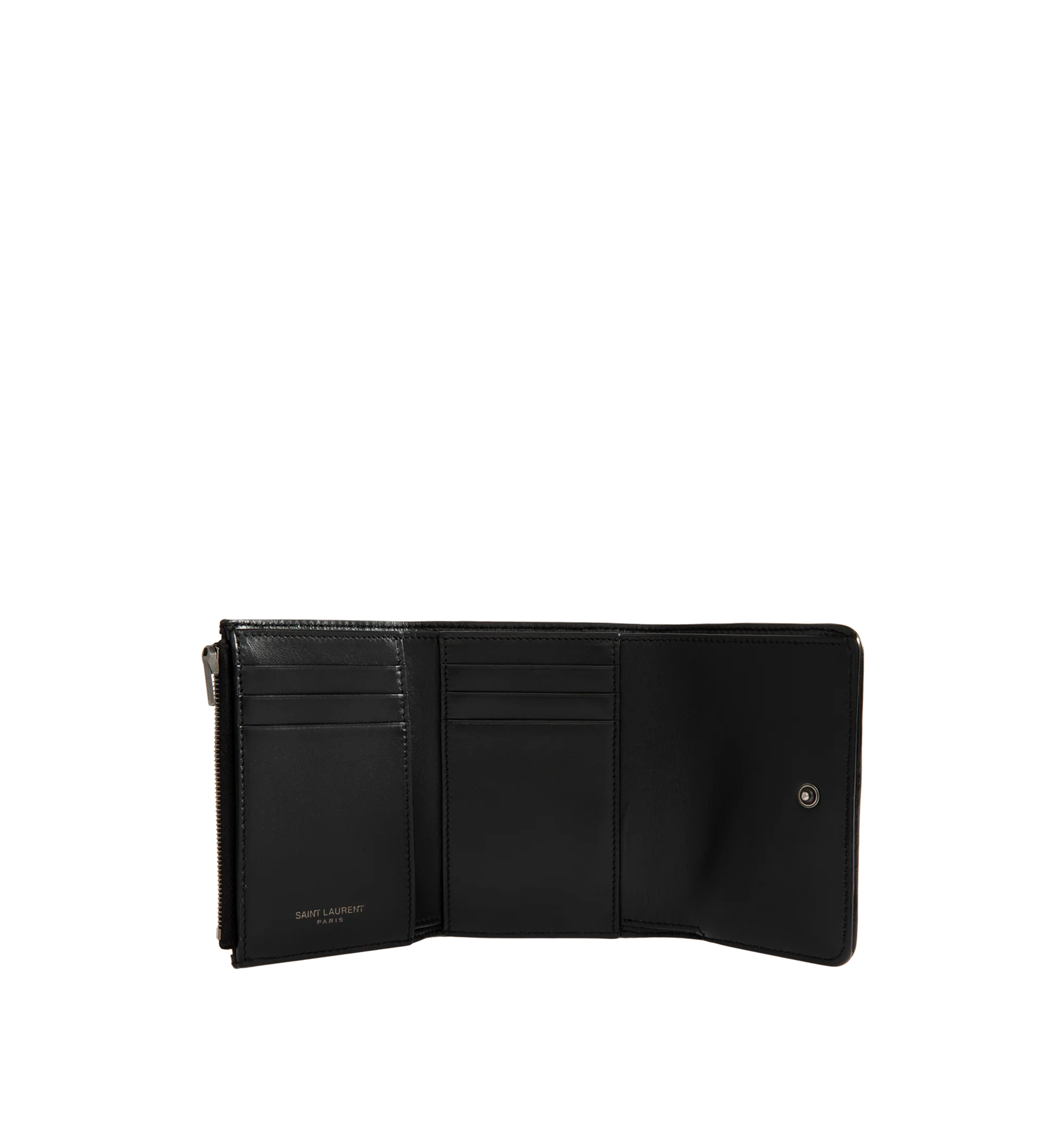 Image 3 of 3 - BLACK - Saint Laurent Womens Tri-Fold Wallet is crafted from calfskin leather. Features signature CASSANDRE hardware, quilted topstitching, snap-button closure, six card slots, one bill compartment, one zip coin pocket, and bronze-tone hardware. Dimensions: 12  11.5  2.5 cm. Main Material: Calfskin Leather; Hardware: Brass. Made in Italy. 