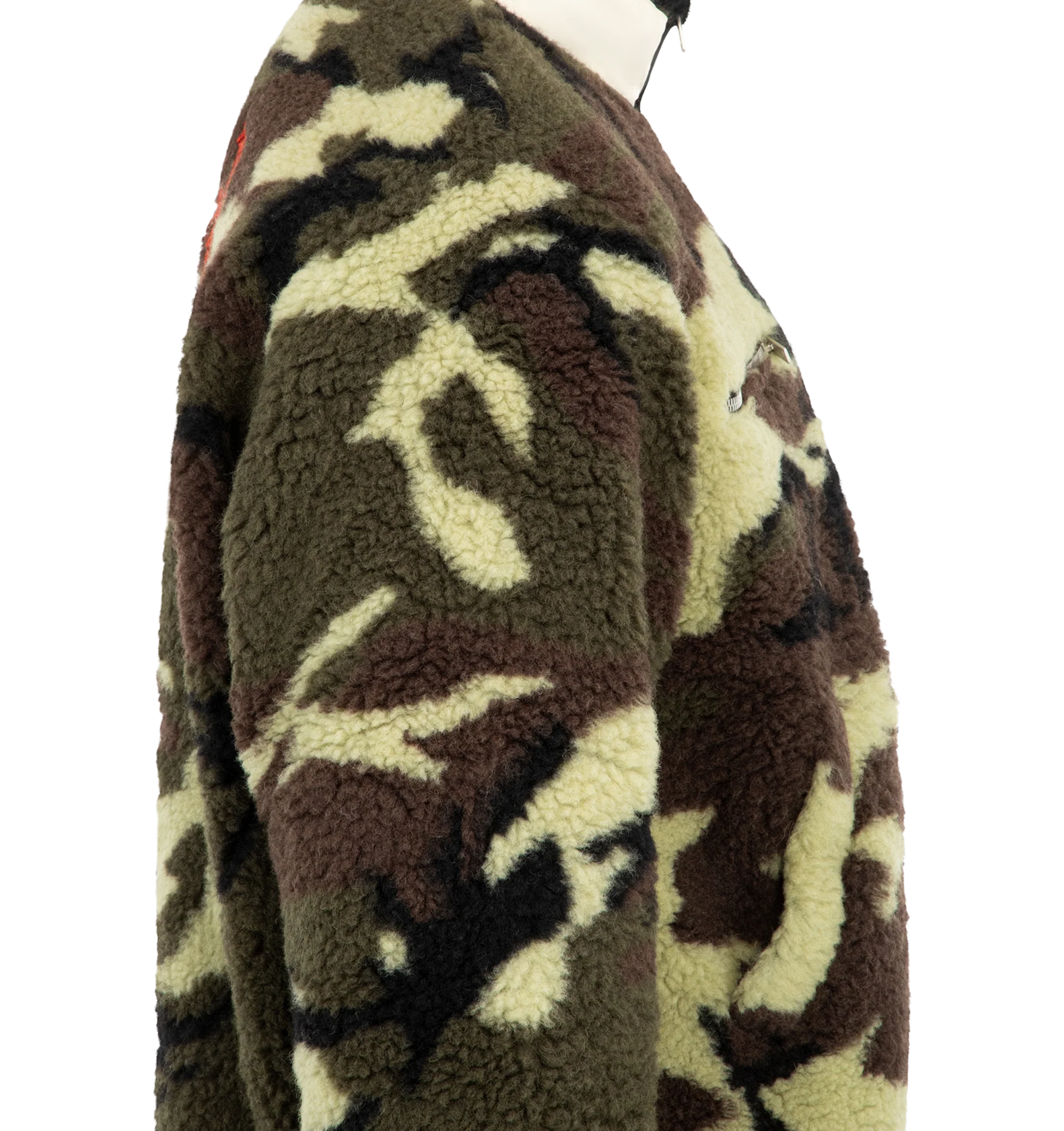 Image 3 of 3 - GREEN - Rhude Men's Parilla Camouflage Wool-Blend Fleece Jacket is crafted from camouflage-patterned wool-blend fleece and features a stand collar with a zip-front silhouette. Designed with a logo motif at the front and back, a chest zip pocket, welt pockets, elasticized cuffs, and an adjustable drawstring hem for a functional yet elevated finish. Main Material: 74% Wool, 26% Polyester. Lining: 100% Polyester. 