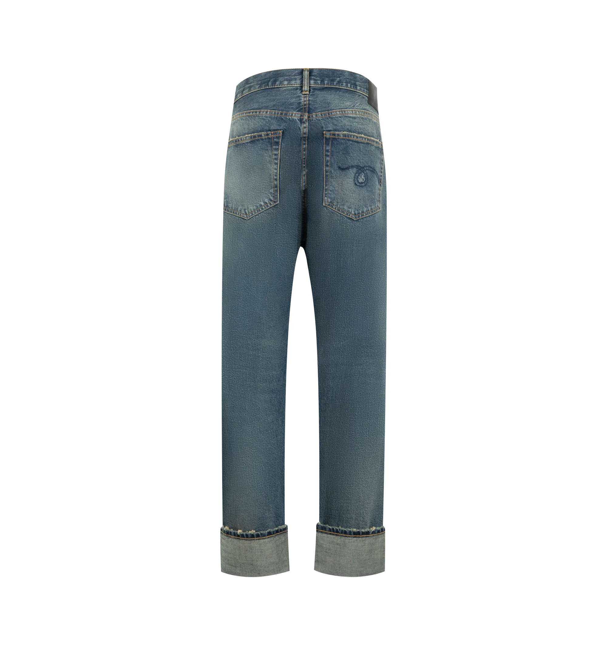Image 2 of 3 - BLUE - R13 Women's Cuffed Crossover Jeans are crafted from premium rigid selvedge denim and feature the brand's signature asymmetric crossover waistband, a straight-leg silhouette, and rolled cuffed hems for a distinctive modern look. Designed with a classic five-pocket construction and premium craftsmanship, these designer jeans combine R13's iconic deconstructed aesthetic with timeless everyday versatility. Main Material: 100% Cotton. Made in Italy.