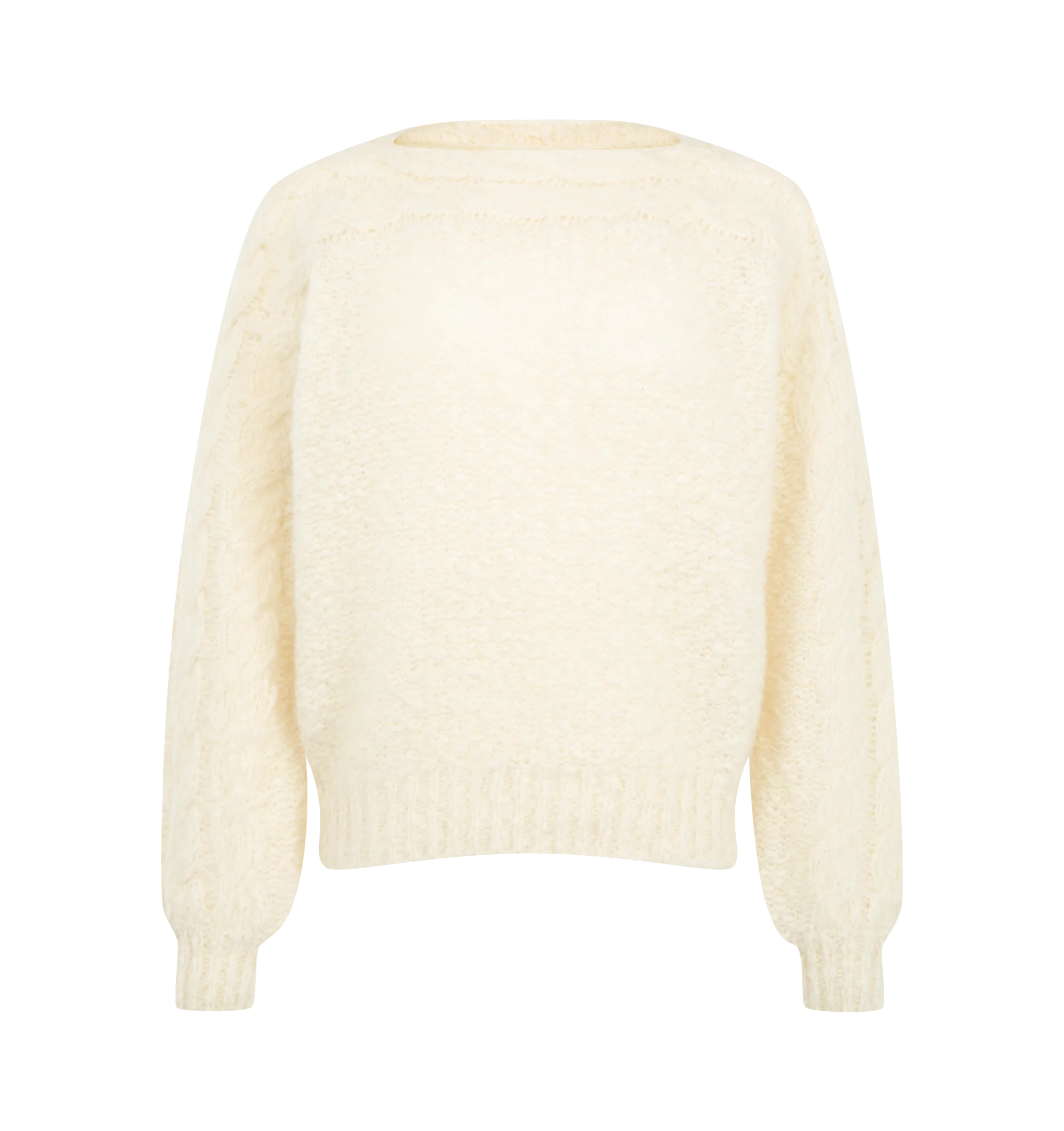 Image 1 of 2 - NEUTRAL - Isabel Marant Womens Ponara Pullover is crafted from brushed virgin wool knit. Features a straight fit, boat neckline, long raglan sleeves, cable-knit detailing at the front and sleeves, and ribbed cuffs and hem. Main Material: 86% Virgin Wool, 14% Polyamide. Made in Italy.