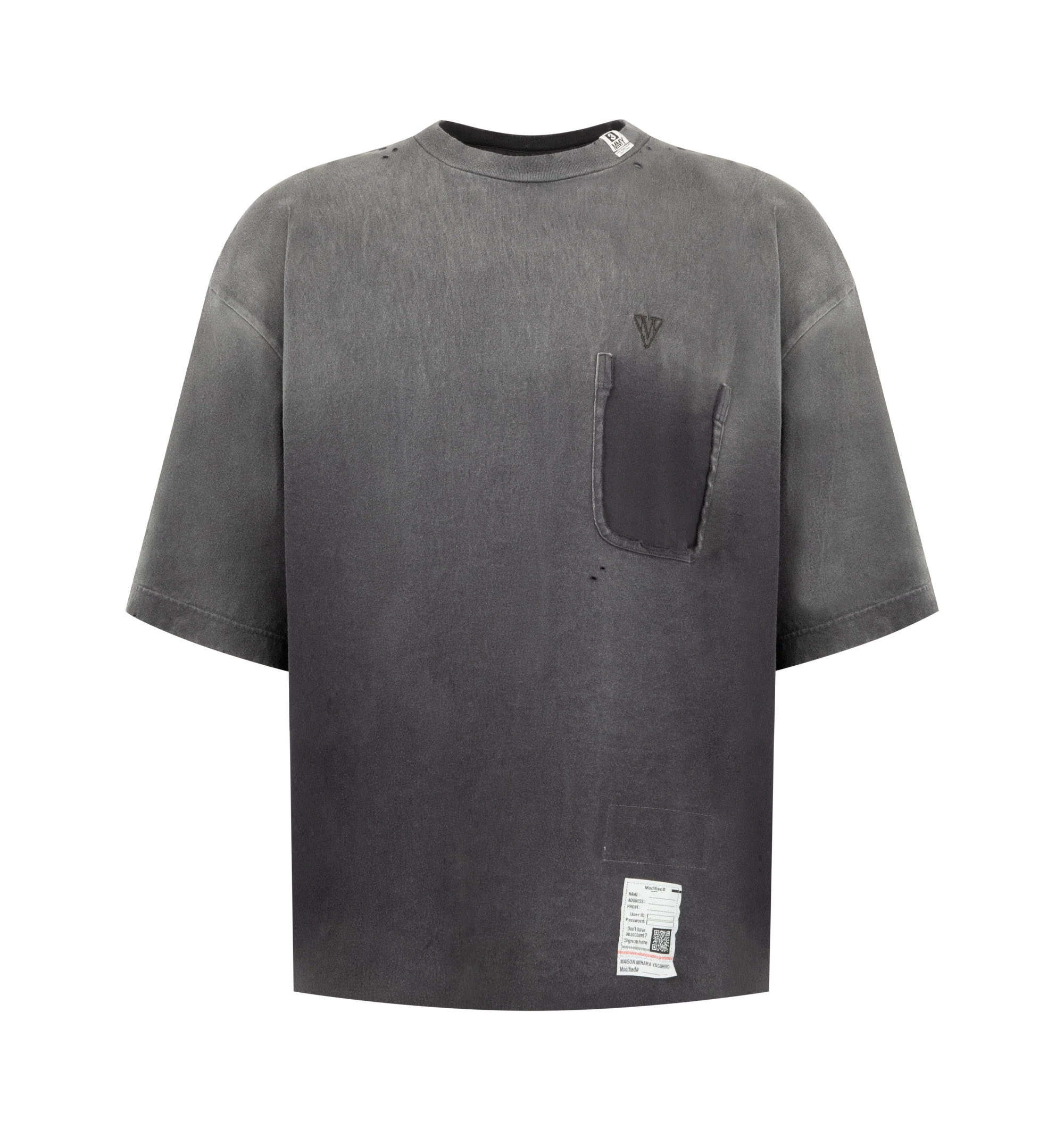 Image 1 of 2 - BLACK - Maison Mihara Yasuhiro Men's Sun Faded T-Shirt is crafted from cotton and features a relaxed silhouette with a sun-faded finish for a naturally worn, vintage-inspired look. This designer T-shirt combines soft everyday comfort with Maison Mihara Yasuhiro's signature contemporary aesthetic, while the intentional fading gives each piece a unique character. Main Material: 100% Cotton. Made in Japan.