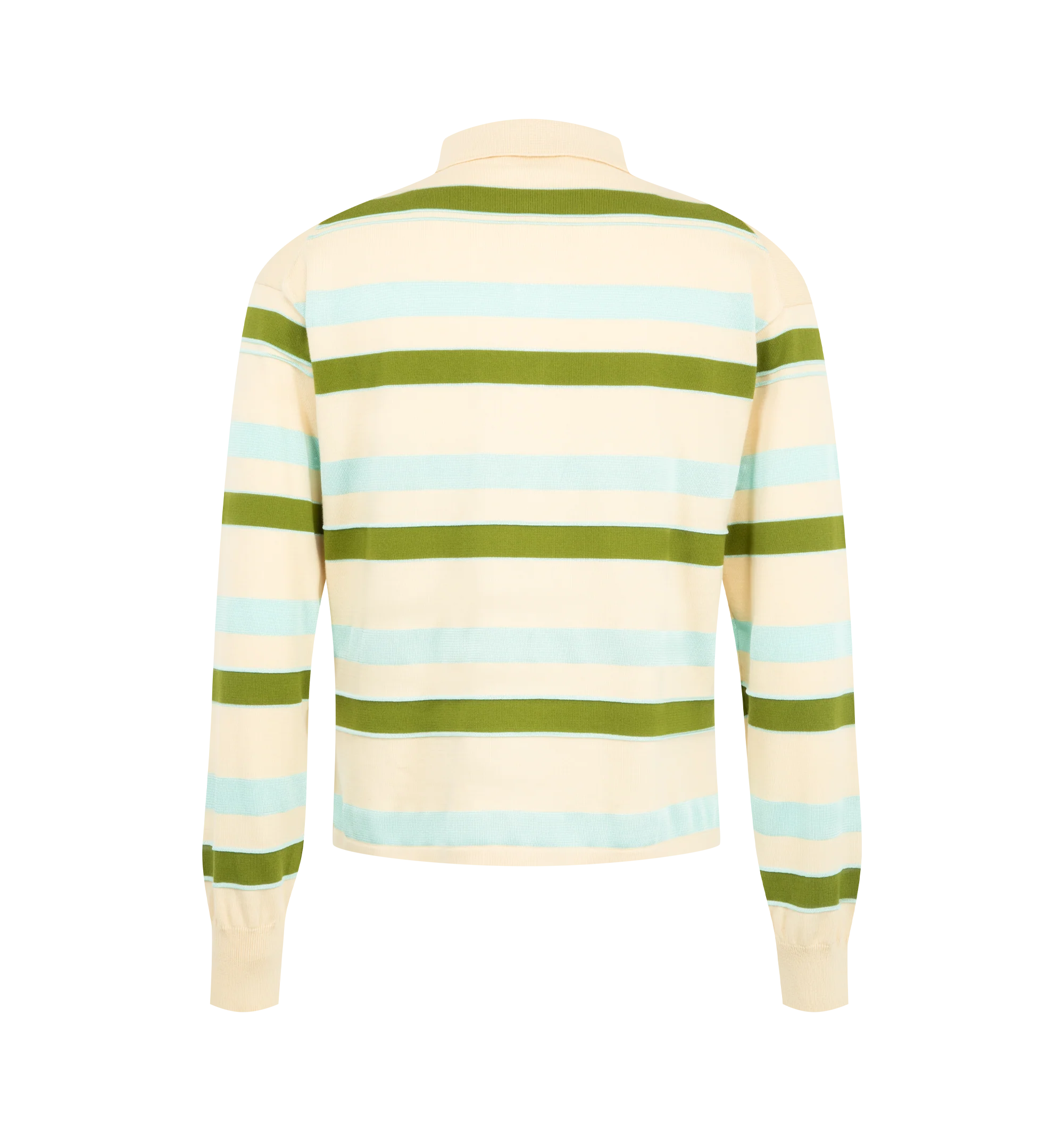 Image 2 of 2 - MULTI - JW Anderson Men's Knitted Striped Rugby Polo Top in ivory, green and blue contrast matte cotton and high-shine viscose, featuring anchor logo embroidery with horn buttons. Composition: 73% Cotton, 27% Viscose. Made in Italy.