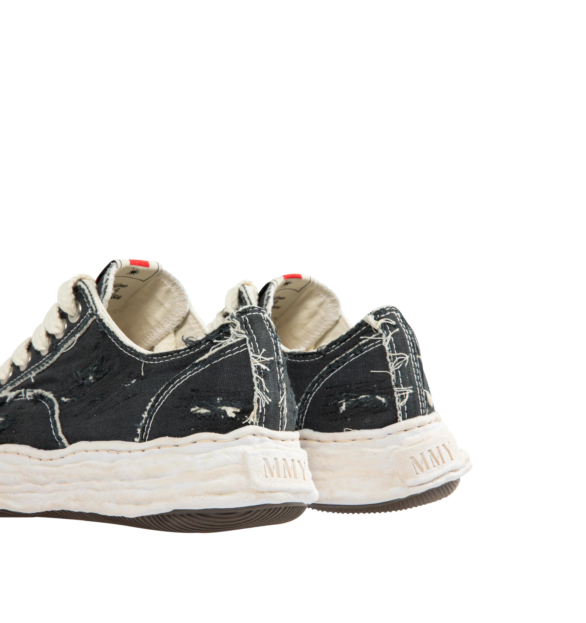 Image 3 of 5 - BLACK - Maison Mihara Yasuhiro Men's Peterson23 Sneakers feature the brand's signature hand-sculpted OG sole, a ripped overdye canvas upper, and a relaxed low-top silhouette for a bold contemporary look. Designed for the Spring/Summer 2026 collection, these designer sneakers combine Maison Mihara Yasuhiro's experimental aesthetic with a wider fit, layered overdye finish, distressed detailing, and a three-dimensional rubber toe cap that echoes the sculptural sole. Intentional fading and distre