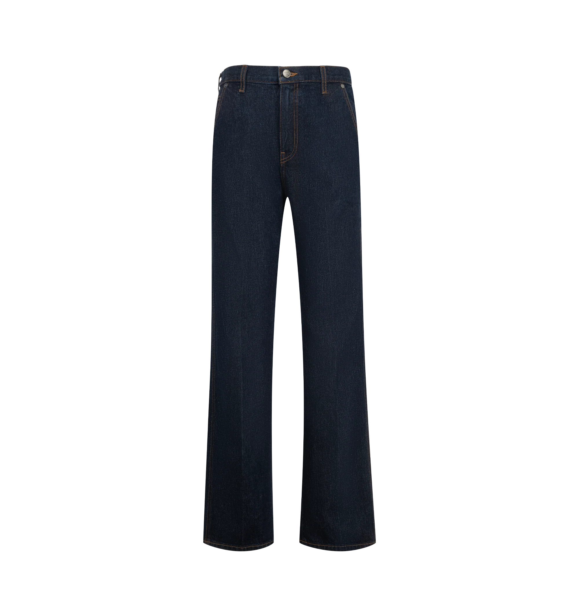 Image 1 of 3 - BLUE - Khaite Women's Rossi Jean is crafted in a high-rise sihlouette, classic denim style, and marigold topstitching. Finished by hand. Material: Denim Cotton.