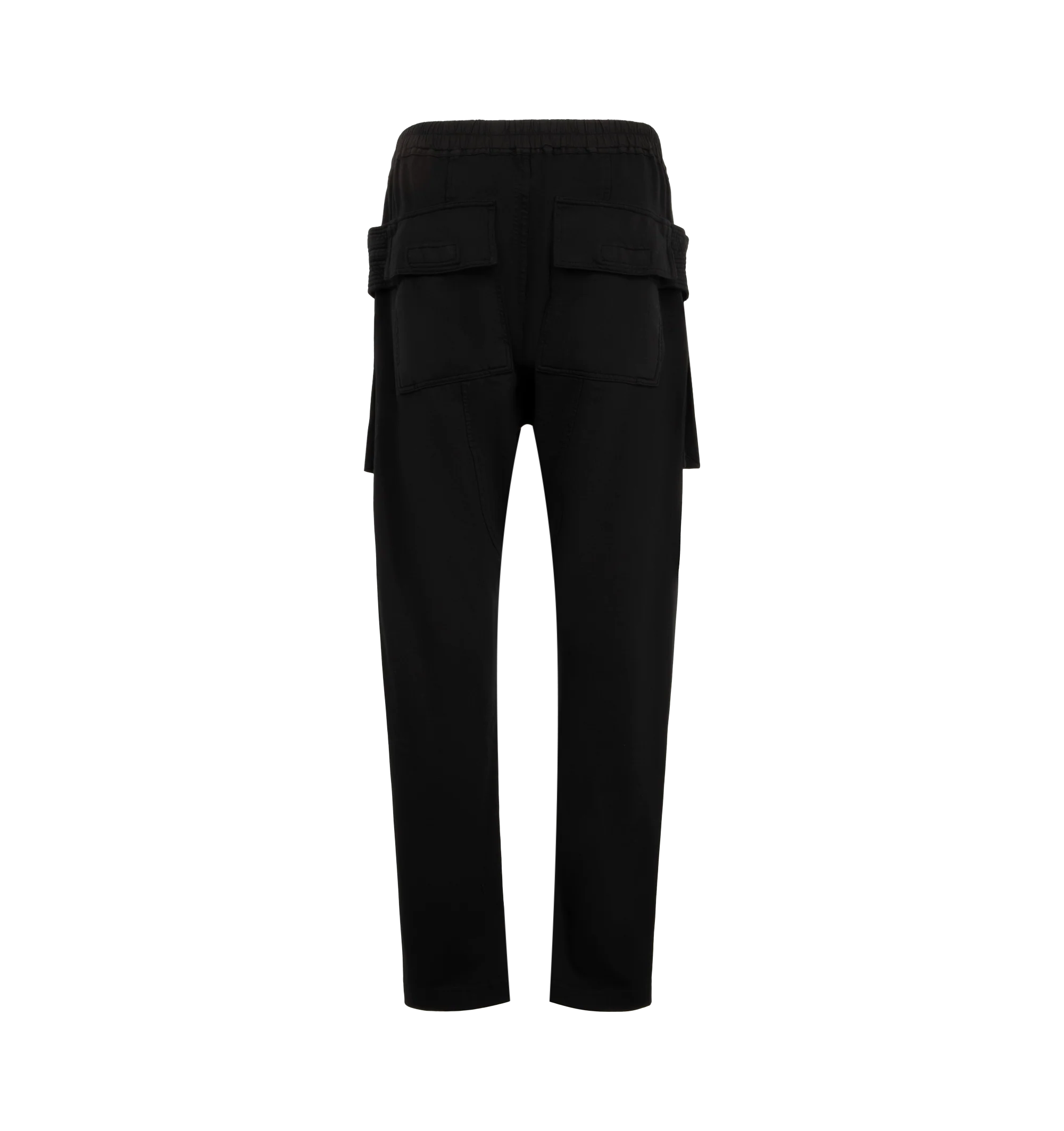 Image 2 of 3 - BLACK - Rick Owens Drkshdw Men's Creatch Cargo Drawstring Pants are crafted from cotton and feature an elasticized waistband with a drawstring closure. Designed with a relaxed cargo-inspired silhouette, these pants include side pockets, back flap pockets, and cargo flap pockets for functional storage. Main Material: 100% Cotton. Waistband: 97% Cotton, 3% Elastane. Pockets: Side Pockets, Back Flap Pockets, Cargo Flap Pockets. Made in Italy. 