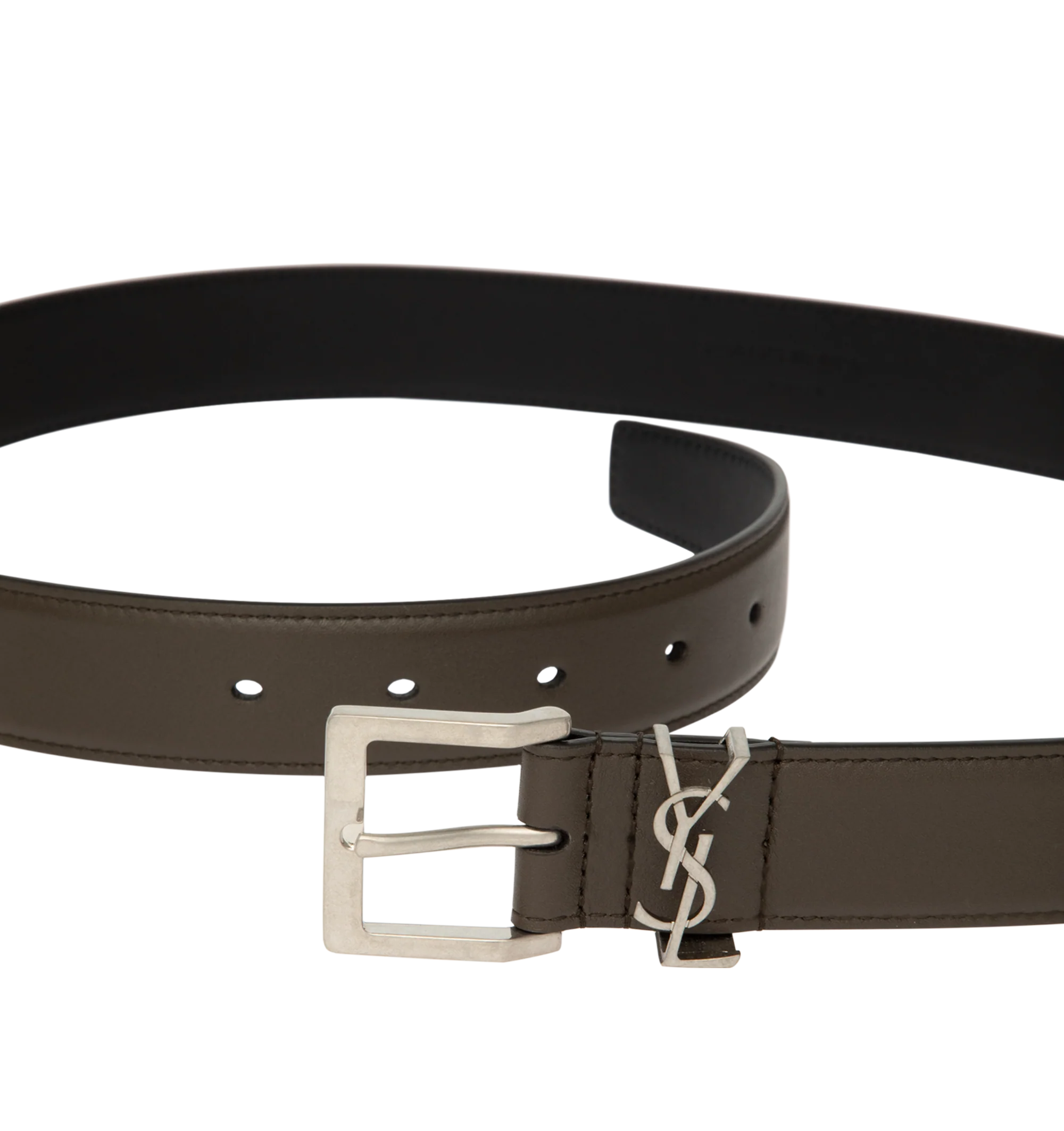 Image 2 of 2 - BROWN - Saint Laurent Mens Cintura Box Belt is crafted from calf leather. Features a slim silhouette, adjustable buckle closure, and silvertone hardware. Main Material: Calf Leather. Made in Italy. 