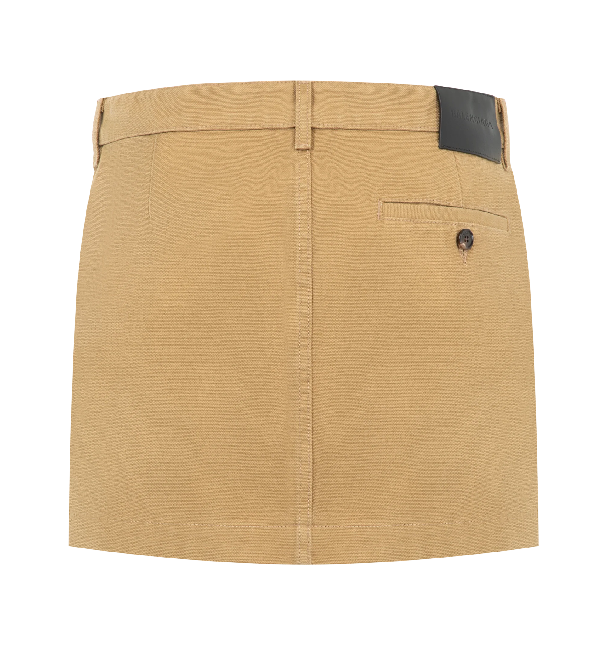 Image 2 of 3 - NEUTRAL - Balenciaga Womens Mini Cotton Skirt is crafted from heavy cotton. Feature a mid-rise waist, covered zip fly, belt loops, front slash pockets, back buttoned welt pocket, and a Balenciaga logo leather patch at the back. Main Material: 100% Cotton; Pocket Lining: 100% Cotton; Trim: Cow Leather. Made in Italy.