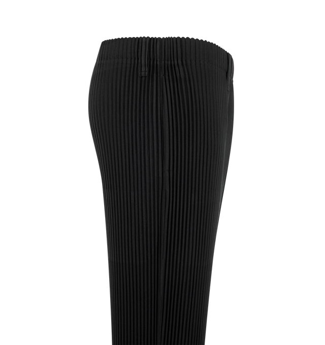 Image 3 of 3 - BLACK - Issey Miyake Mens Straight Pants are crafted from lightweight polyester. Feature a straight-leg silhouette, elasticized drawstring waistband, button fly, side pockets, quick-drying fabric, and light-reactive finish that creates a dimensional appearance. Main Material: 100% Polyester. Made in Japan.