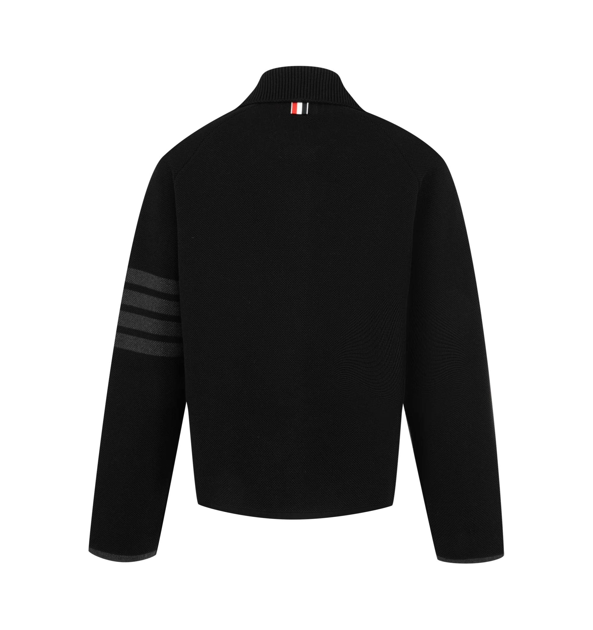 Image 2 of 3 - BLACK - Thom Browne Womens Double-Face Piqu Stitch Polo Collar Jacket is crafted from a virgin wool and cotton blend double-face piqu knit and features a rib-knit polo collar, front button closure, raglan sleeves, rib-knit patch pockets with contrast tipping, rib-knit cuffs and hem, signature 4-bar detailing, internal RWB grosgrain trim, and the signature striped grosgrain loop tab. Main Material: 50% Virgin Wool, 47% Cotton, 3% Polyamide. Made in Italy.