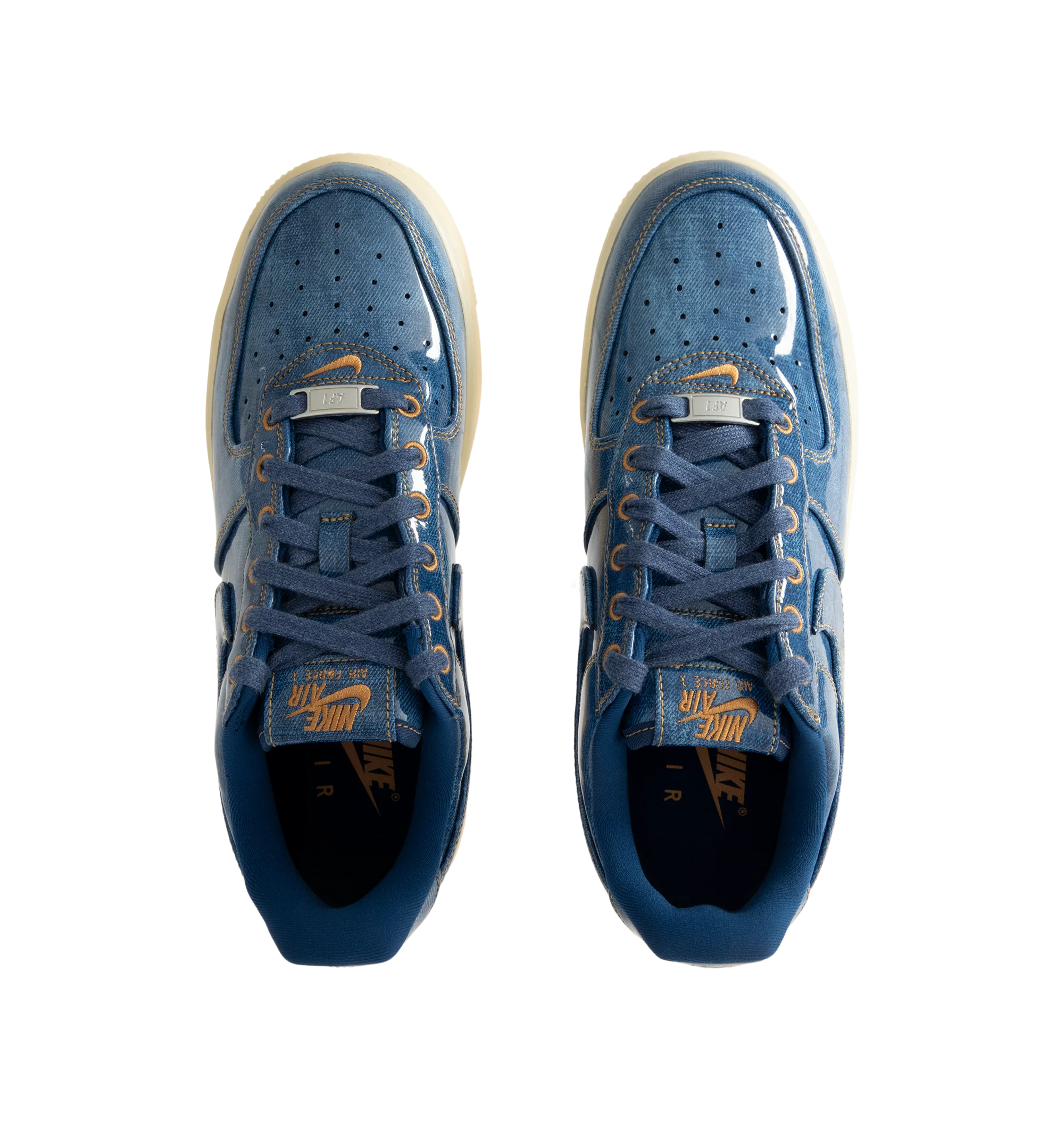 Image 5 of 5 - BLUE - Nike Men's Air Force 1 Low Retro Premium Sneaker featuring patent leather denim upper with perforated toe box, Nike Air technology and rubber outsole with heritage hoops pivot circles.