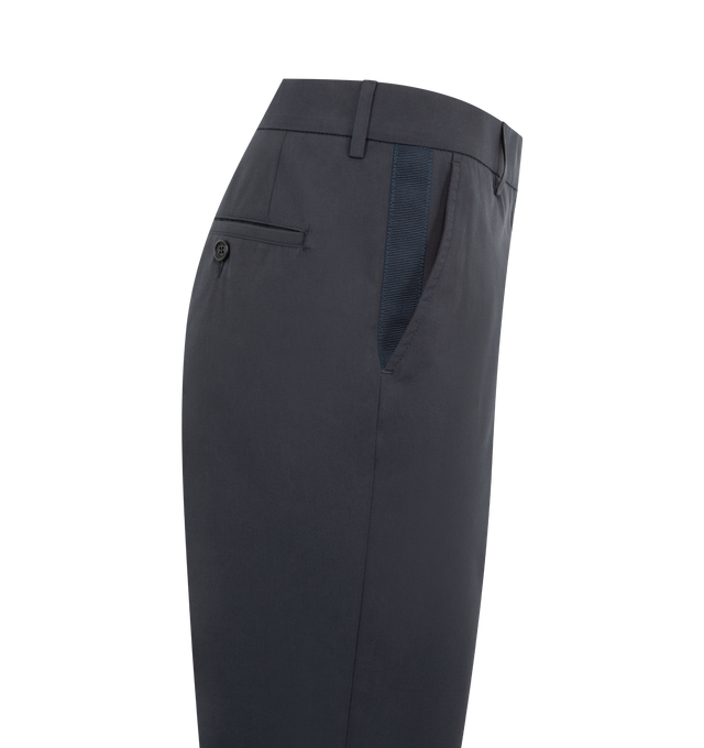 Image 3 of 3 - NAVY - THOM BROWNE Cotton Suiting Beltloop Relaxed Trousers featuring tab closure with zip fly, slip hand pockets with RWB grosgrain trim, buttoned back welt pockets, creased legs, signature striped grosgrain loop tab and relaxed fit. 100% cotton. Made in Italy.