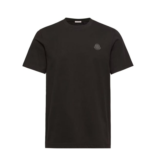 Image 1 of 1 - BLACK - Moncler Mens Double Leather Logo Cotton T-Shirt is crafted from cotton jersey. Features a crew neck, short sleeves, double leather logo patch, and leather logo tag. Exterior: 100% Cotton; ; Collar rib: 100% Cotton, Leather Tag: Cow; Made in Turkey.