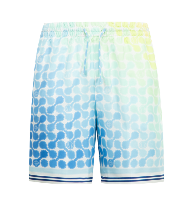 Image 1 of 3 - BLUE - CASABLANCA Tennis Tile Silk Shorts featuring print throughout, drawstring waistband, side on-seam pockets and back patch pocket. 100% silk. Made in Italy.