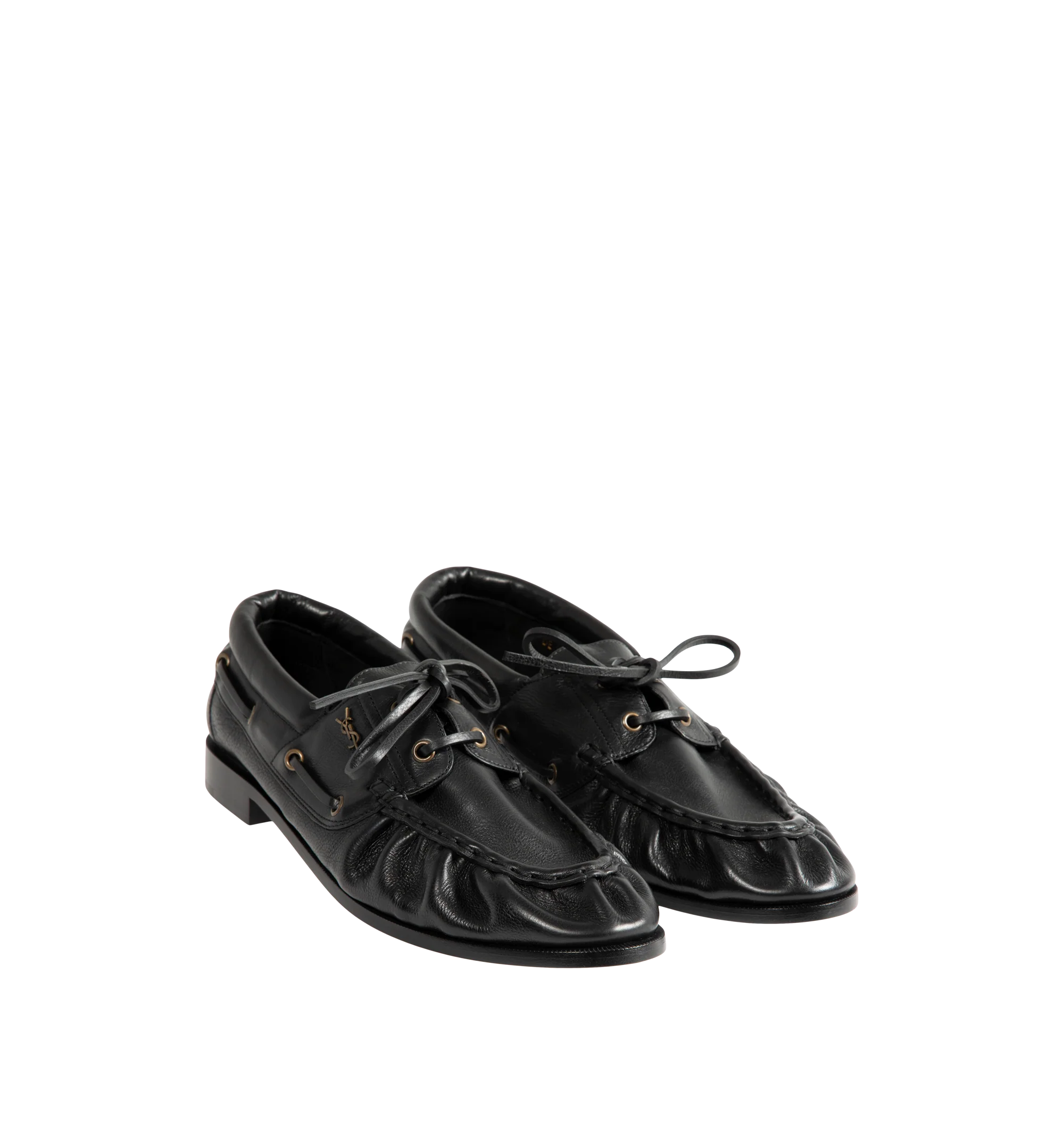 Image 2 of 4 - BLACK - Saint Laurent Mens Boat Shoes are crafted from metal-free tanned calfskin leather. Feature a lace-up boat shoe silhouette, hand-stitched moc toe, gold-tone CASSANDRE hardware, leather sole, and 1.5 cm heel height. Main Material: Calfskin Leather; Hardware: Brass; Sole: Leather. Made in Italy.