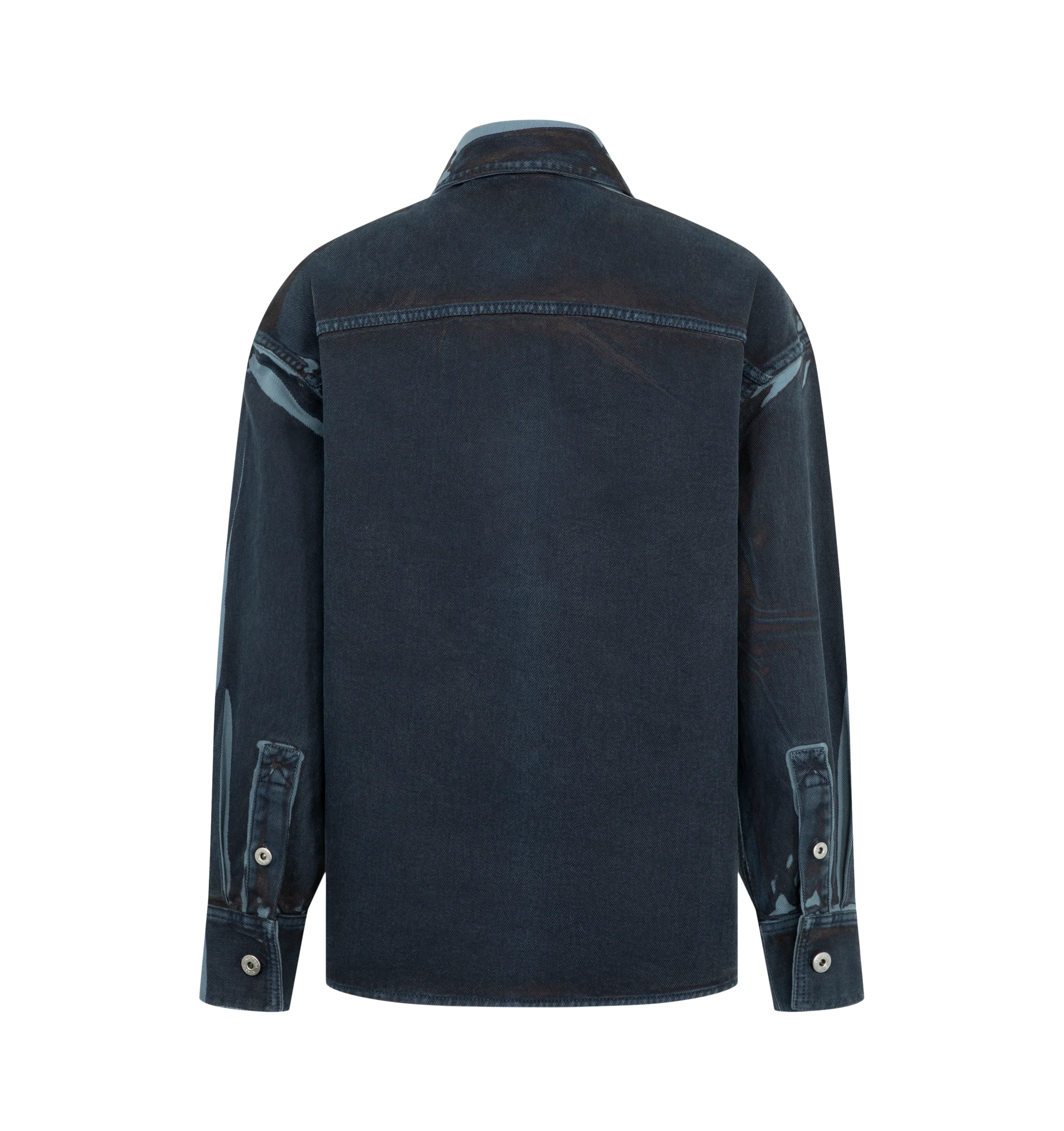 Image 2 of 2 - BLUE - Bottega Veneta Women's Overdyed Denim Shirt is crafted from overdyed, washed denim and features a relaxed-fit silhouette with a smooth leather pocket at the chest. Designed to combine workwear-inspired denim with the house's elevated craftsmanship, the shirt is finished with a rich overdyed treatment that enhances depth and texture. Main Material: 90% Cotton, 10% Lambskin. Made in Italy.