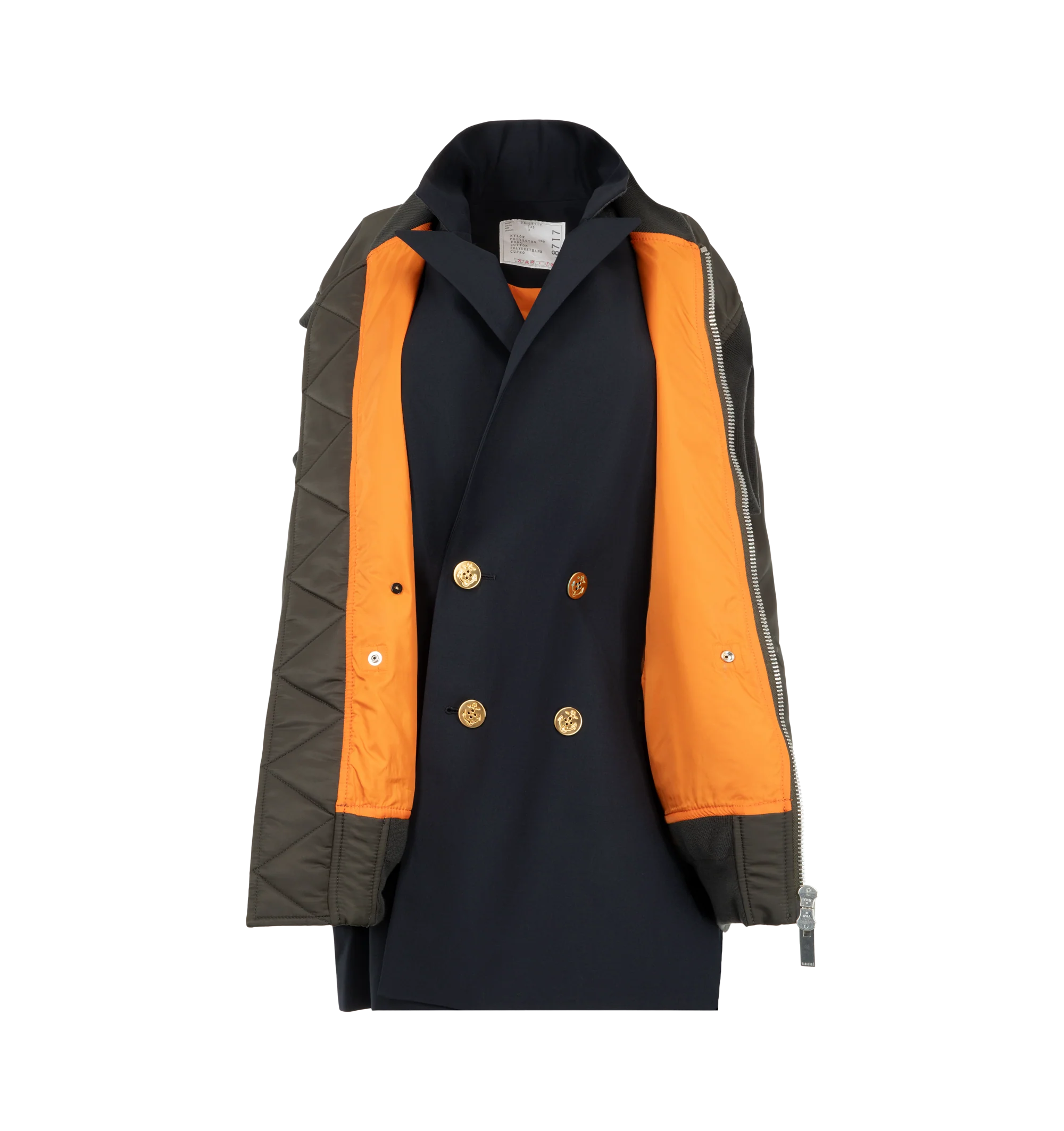 Image 2 of 3 - GREEN - Sacai Women's Nylon Twill Suiting Vest featuring a deconstructed hybrid silhouette and a prominent two-way front zipper. Materials: 100% Nylon; Attached Parts: 70% Polyester, 30% Wool.