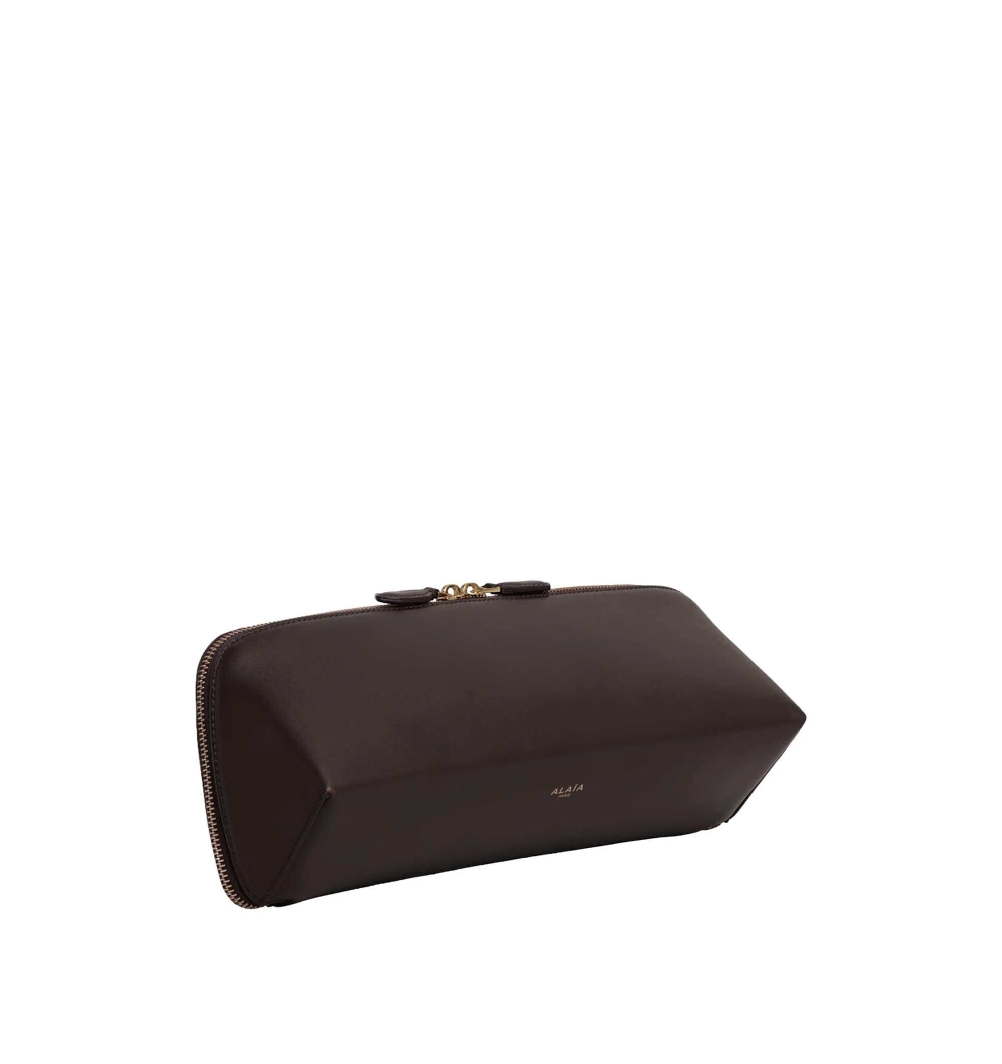 Image 2 of 2 - BROWN - Alaa Women's Delta Clutch is crafted from soft black box calfskin and features a sculptural elongated shape with square lines and a double-zip closure. Designed for hand carry, it fits a large phone, card case, and keys. Main Material: 100% Calf Leather. Main Lining: 100% Calf Leather. Dimensions: 31 x 12 x 9 cm / 12.2 x 4.7 x 3.5 in. Made in Italy.