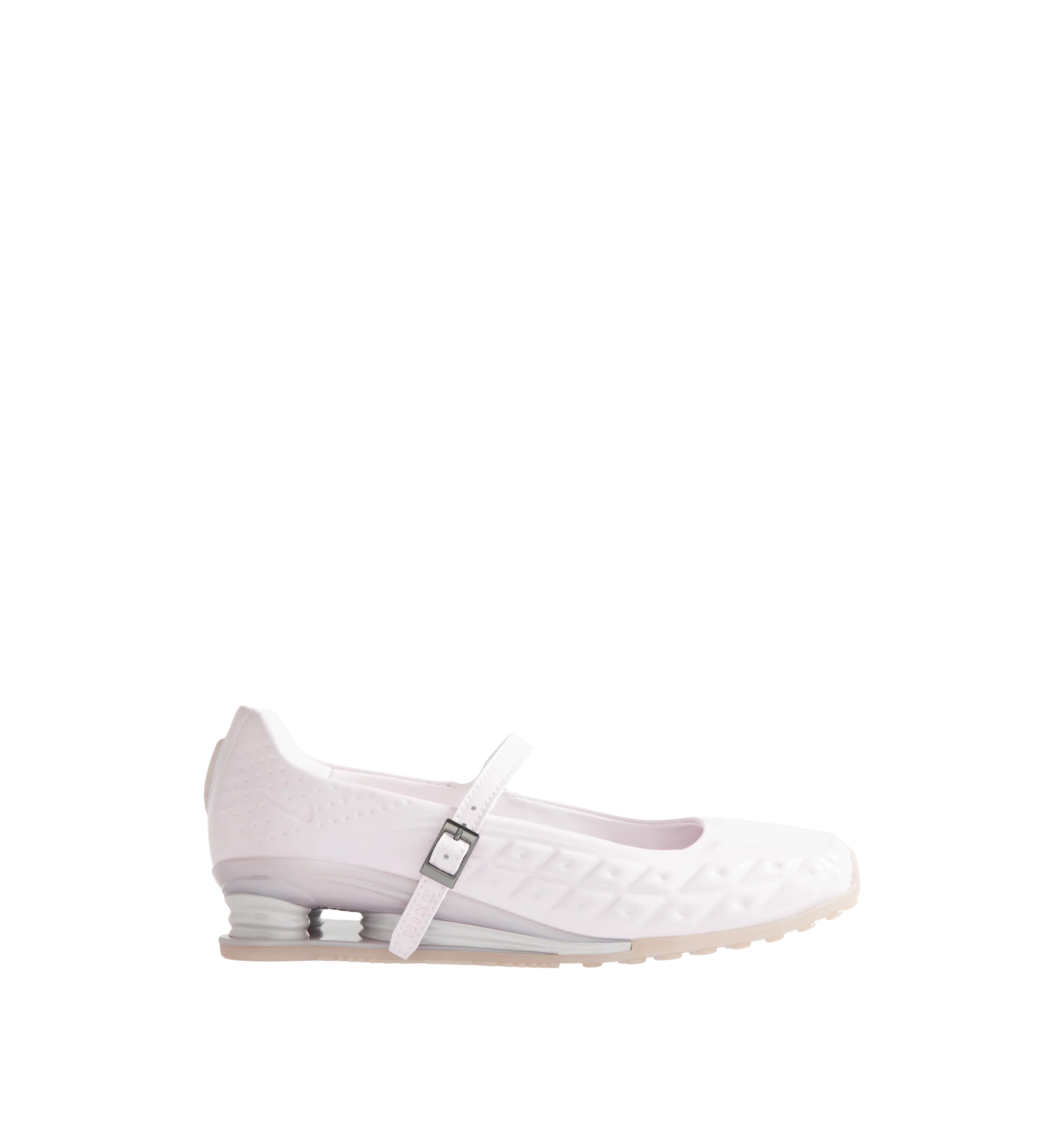 Image 1 of 5 - PINK - Nike Womens Shox Z Calistra Shoe is a ballet-inspired flat on top of sleek sneaker-inspired heel cushioning. Designed with an adjustable midfoot strap, Nike Shox Z cushioning pillars, signature Nike and Shox branding, and durable rubber outsole. Upper: Synthetic Leather; Cushioning: Nike Shox Z; Outsole: Rubber. Imported