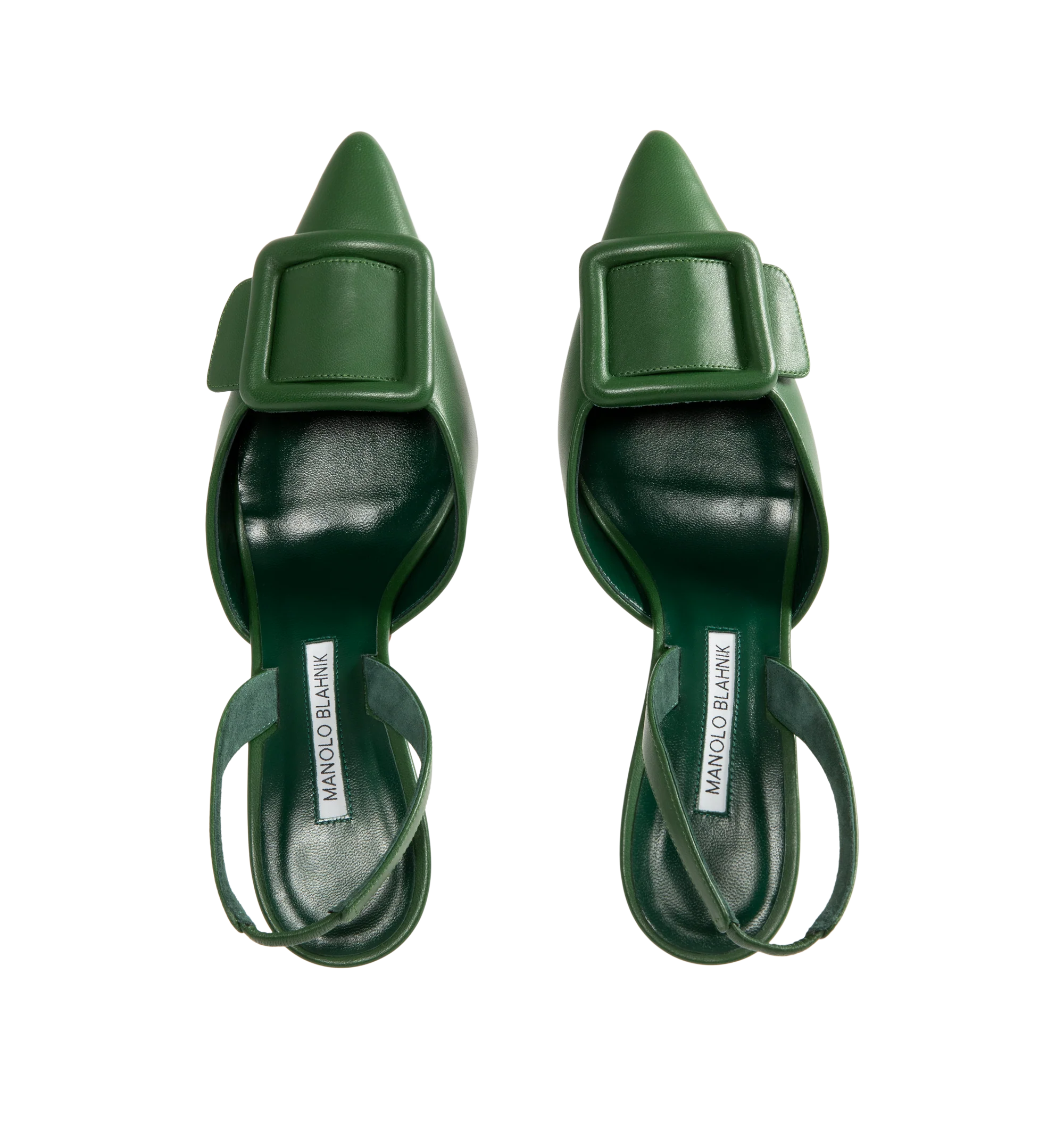 Image 4 of 4 - GREEN - Manolo Blahnik Women's Maysli slingback pumps featuring pointed toe, decorative buckle detail, elasticated slingback strap and stiletto mid 70mm heel. Upper: 100% leather. Sole: 100% leather. Lining: 100% goat skin. Made in Italy. 