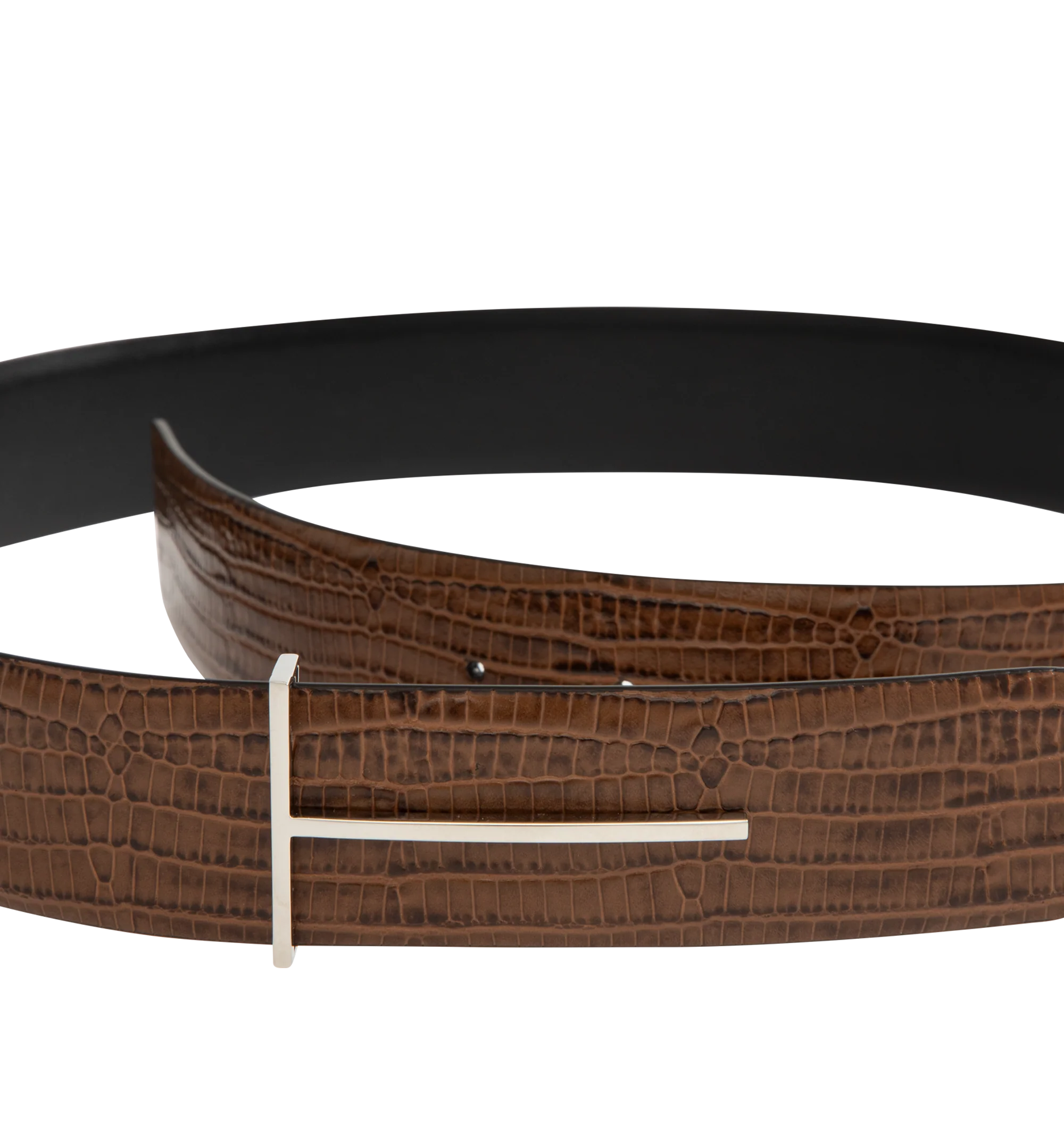Image 2 of 2 - BROWN - TOM FORD Printed Tejus Reversible T Belt featuring printed tejus leather, a sliding T buckle and reversible construction in printed tejus and smooth leather. 100% calfskin. Made in Italy.